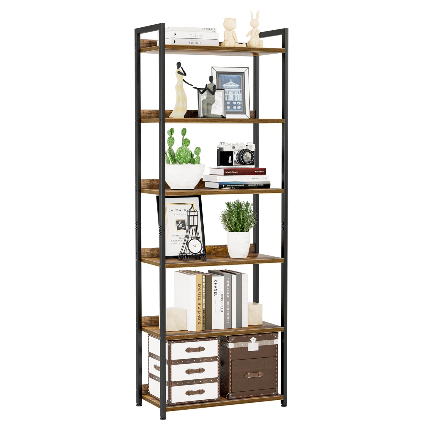 NUMENN Bookshelf, 5 Tier Bookshelves, Home Office Bookcase Shelf Storage Organizer, Free Standing Storage Shelving Unit for Bedroom, Living Room and Home Office, Vintage