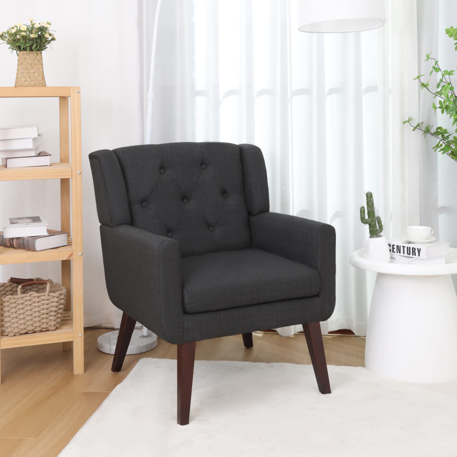 Accent Chair Button-Tufted Upholstered Living Room Chairs Comfy Reading Chair Mid Century Modern Chair with Linen Fabric Lounge Arm Chairs for Living Room Bedroom（Green）