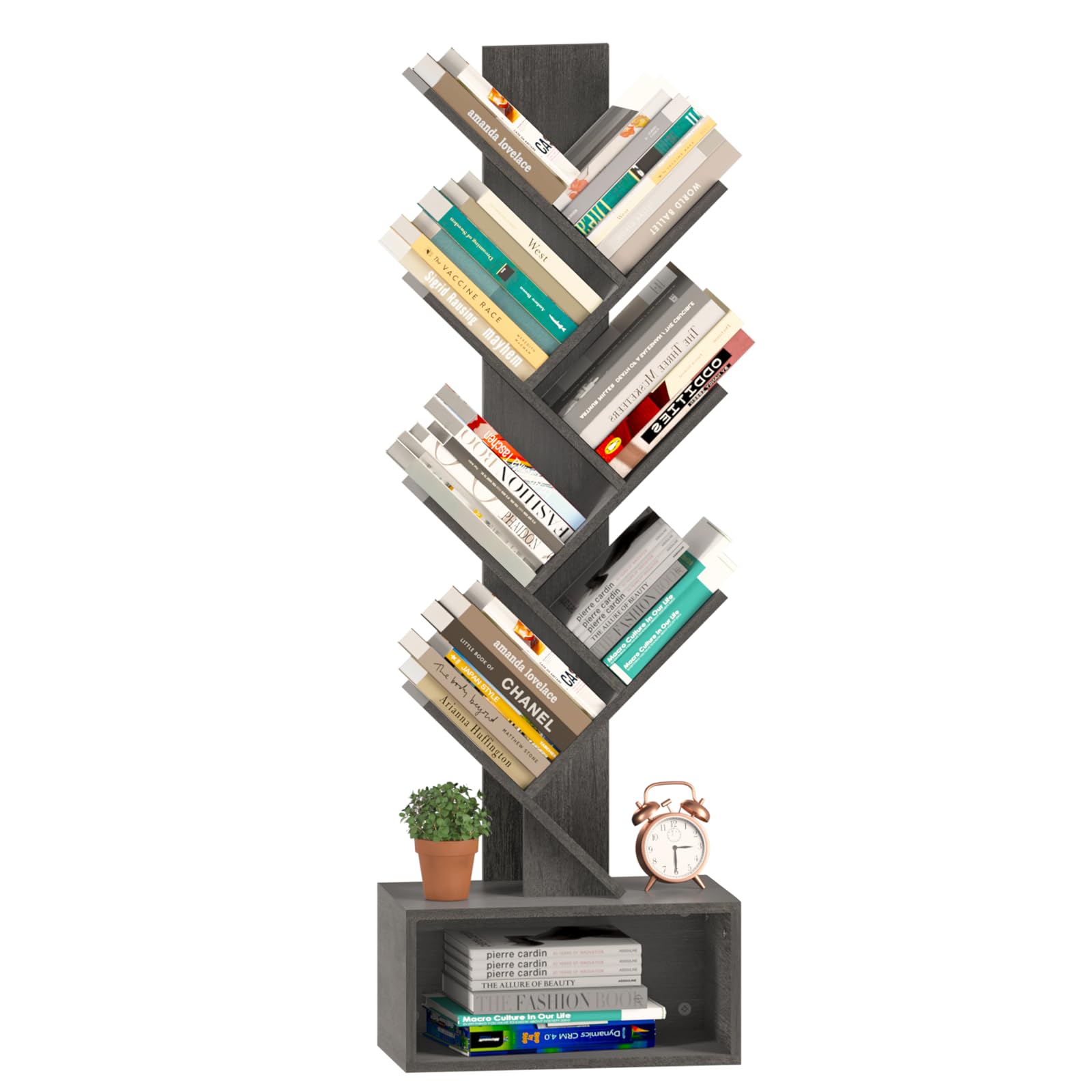 Yoobure Tree Bookshelf - 6 Shelf Retro Floor Standing Bookcase, Tall Wood Book Storage Rack for CDs/Movies/Books, Utility Book Organizer Shelves for Bedroom, Living Room, Home Office, Rustic Brown