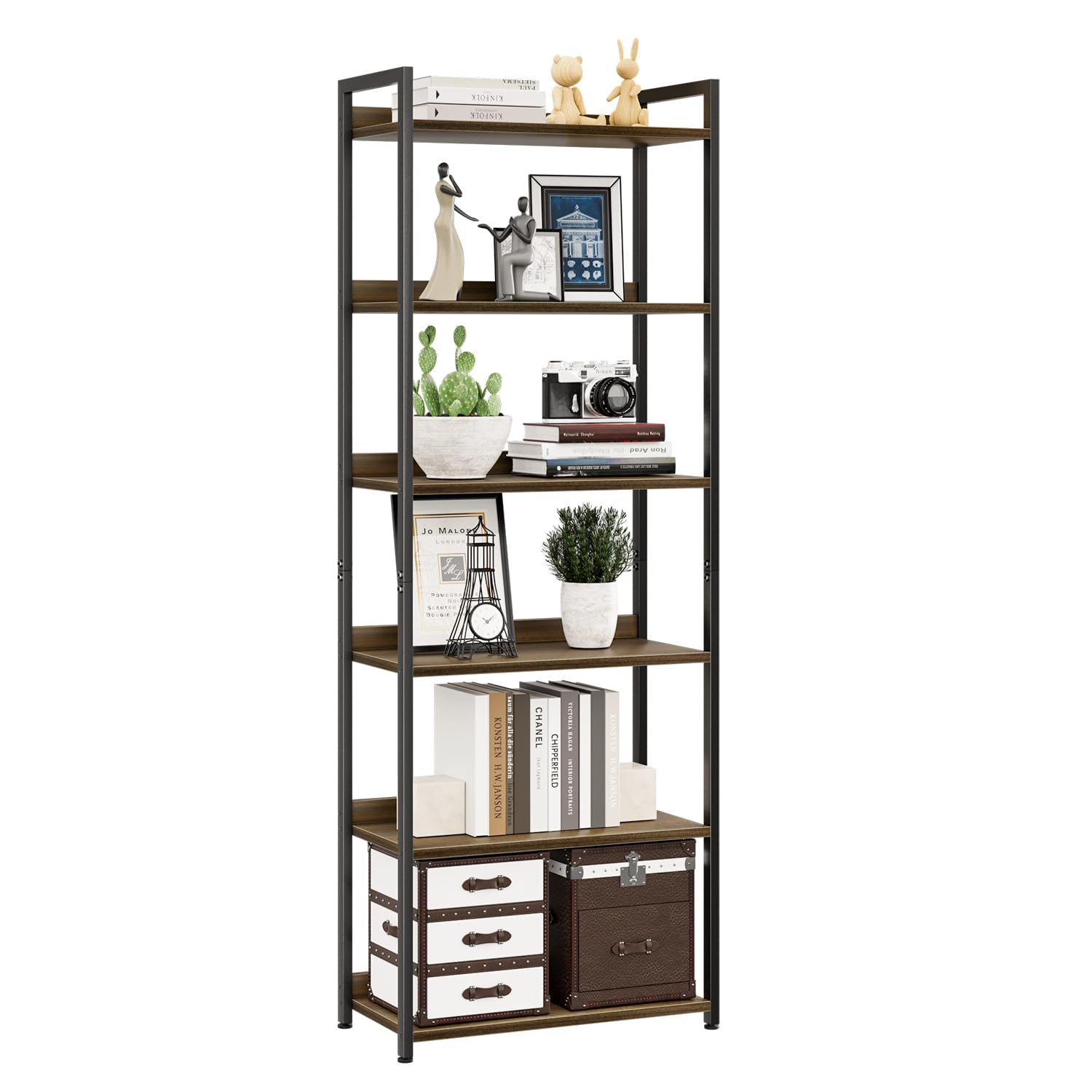 NUMENN Bookshelf, 5 Tier Bookshelves, Home Office Bookcase Shelf Storage Organizer, Free Standing Storage Shelving Unit for Bedroom, Living Room and Home Office, Vintage