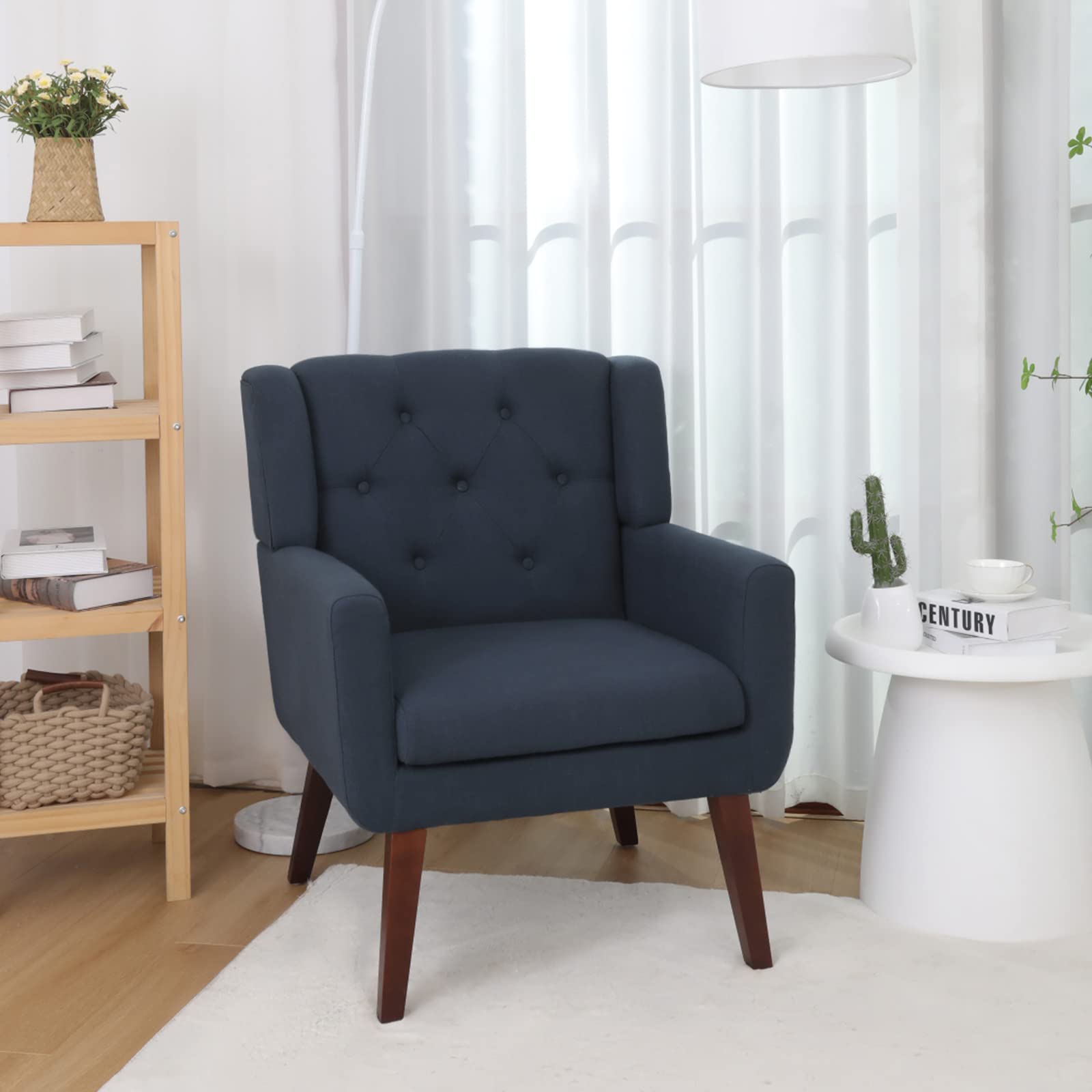 Accent Chair Button-Tufted Upholstered Living Room Chairs Comfy Reading Chair Mid Century Modern Chair with Linen Fabric Lounge Arm Chairs for Living Room Bedroom（Green）