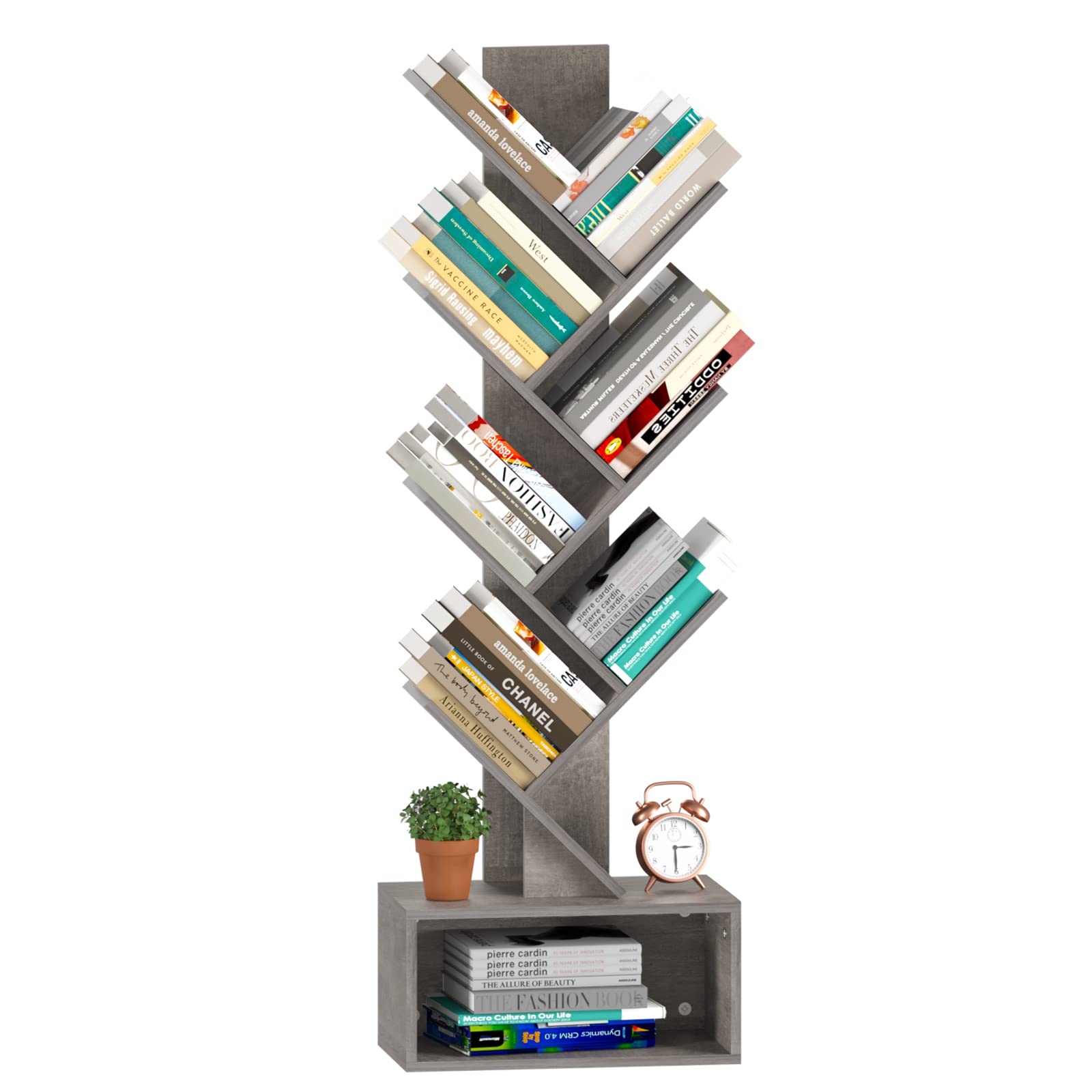 Yoobure Tree Bookshelf - 6 Shelf Retro Floor Standing Bookcase, Tall Wood Book Storage Rack for CDs/Movies/Books, Utility Book Organizer Shelves for Bedroom, Living Room, Home Office, Rustic Brown