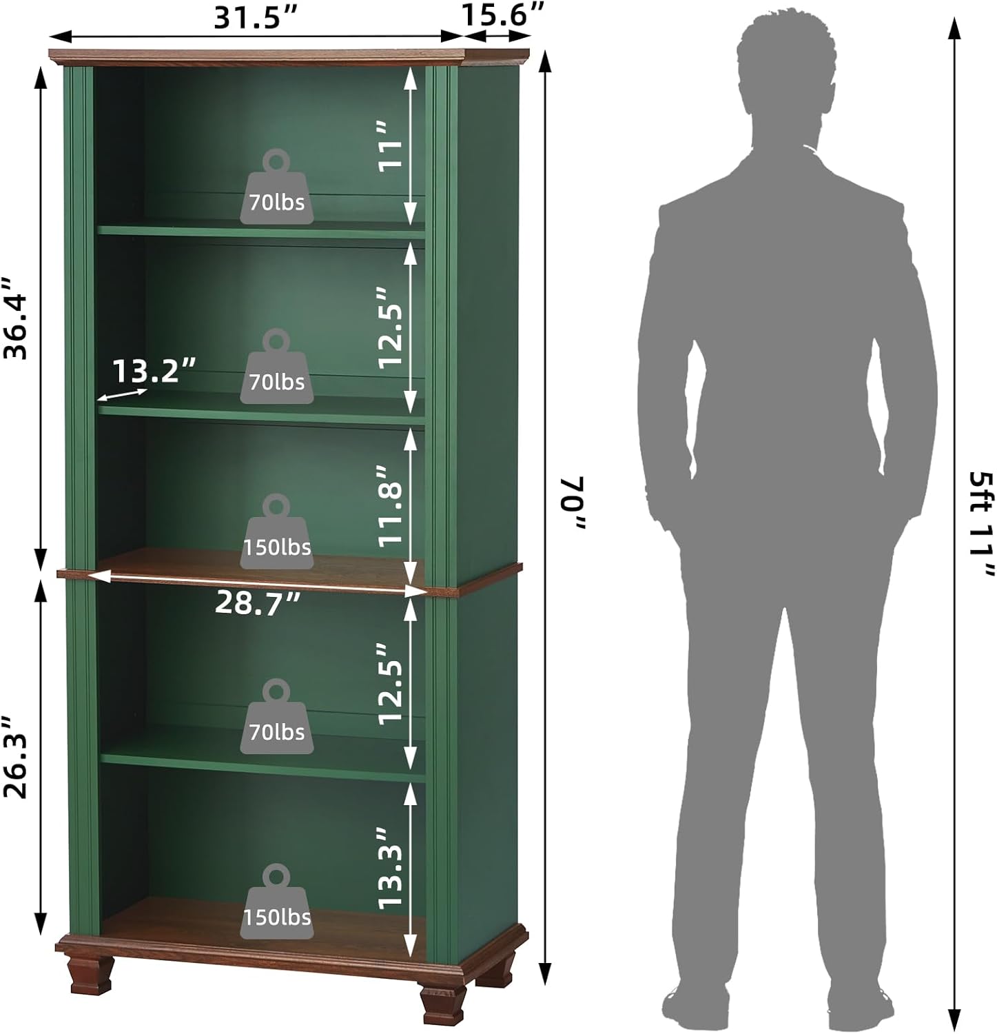 SAVOR LIFE 70" Tall Green Bookshelf,5 Tier Wooden Book Shelf with Adjustable Shelves & Wood Legs,Free Standing Farmhouse Bookcase with Open Display Storage,Vintage Bookshelves for Library,Classroom