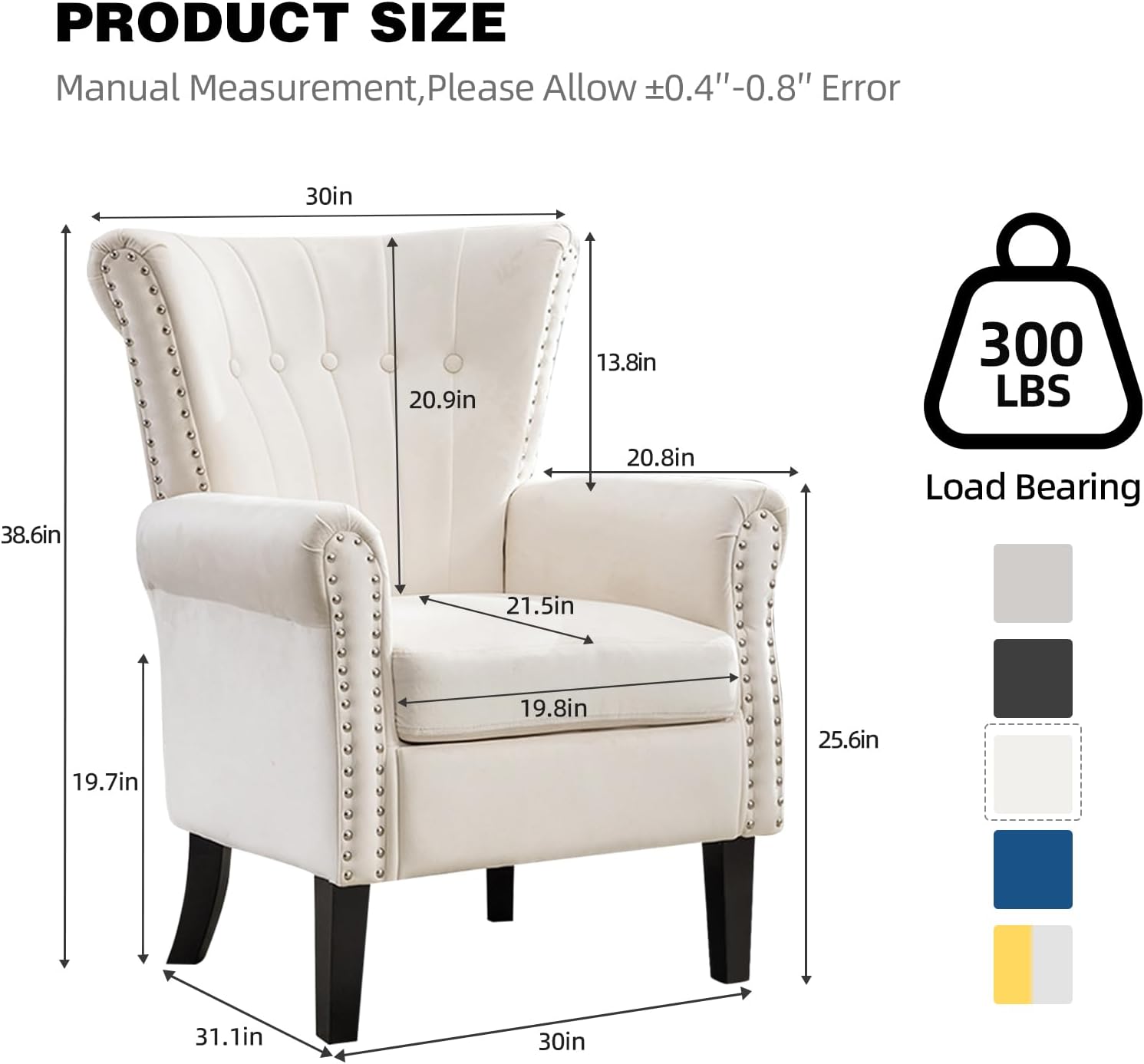 Velvet Accent Chair Upholstered Tufted Armchair,Modern Wingback Chair Single Sofa Club Chair with Solid Wood Legs,Nail Trimed,Comfy Reading Chair for Living Room,Bedroom,Office (White)