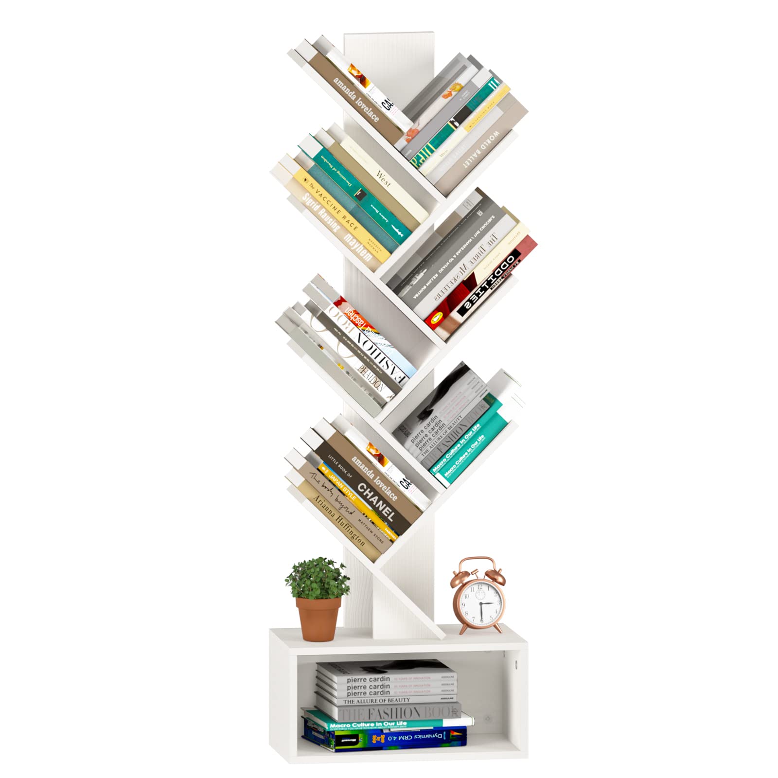 Yoobure Tree Bookshelf - 6 Shelf Retro Floor Standing Bookcase, Tall Wood Book Storage Rack for CDs/Movies/Books, Utility Book Organizer Shelves for Bedroom, Living Room, Home Office, Rustic Brown