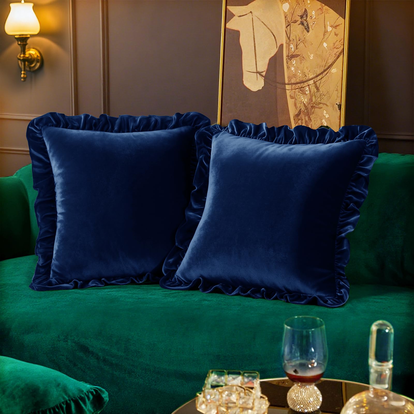 Velvet Throw Pillow Covers Set of 2, Soft Decorative Ruffle Cushion Cases for Couch Sofa Bedroom, 18 x 18 Inches, Olive Green