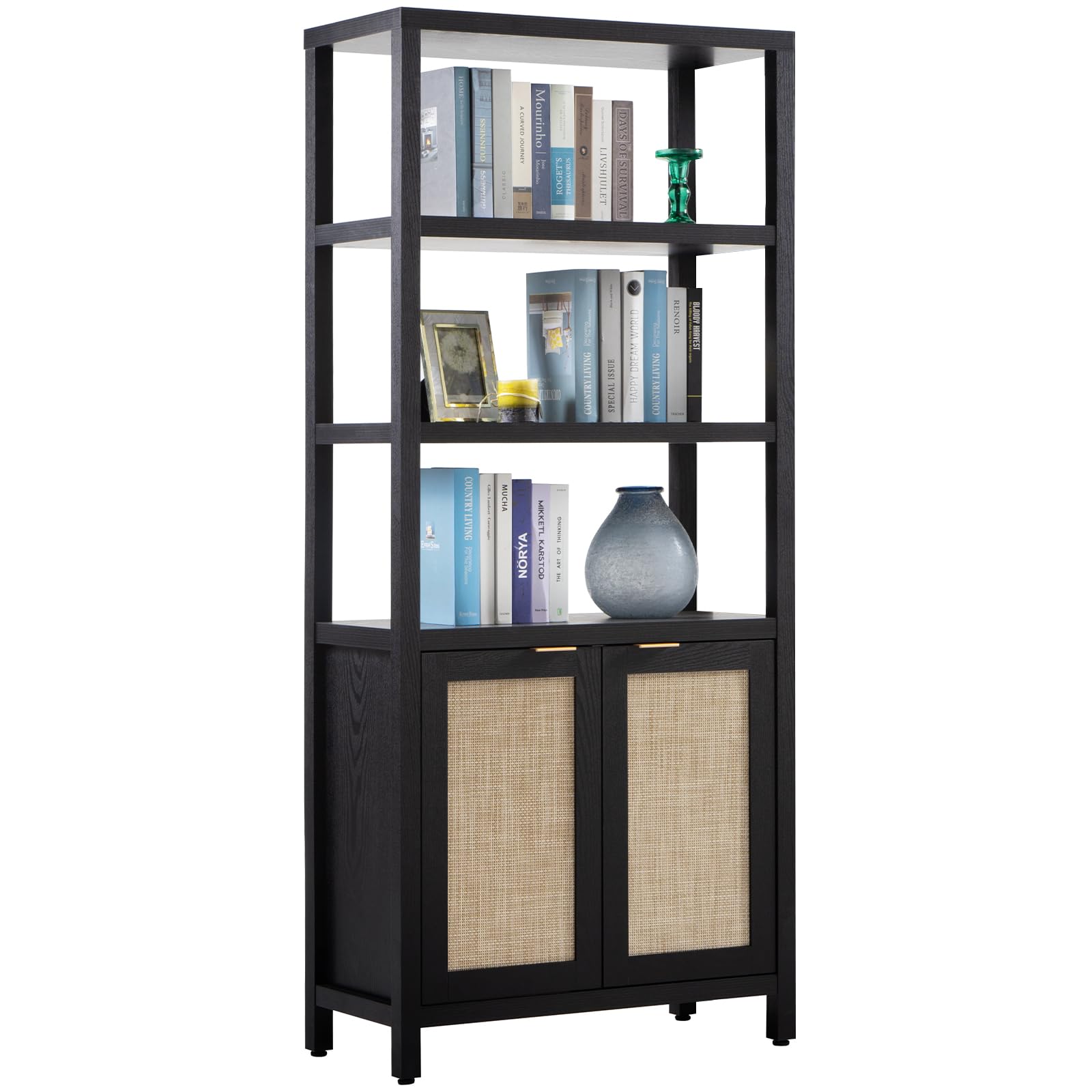 SICOTAS Bookshelf 5 Tier Book Shelf Rattan Boho 71" Tall Bookcase with Doors Storage Shelves Large Bookshelves Farmhouse Bookcases Library Book Case for Living Room Bedroom Home Office Kitchen | Book Shelf
