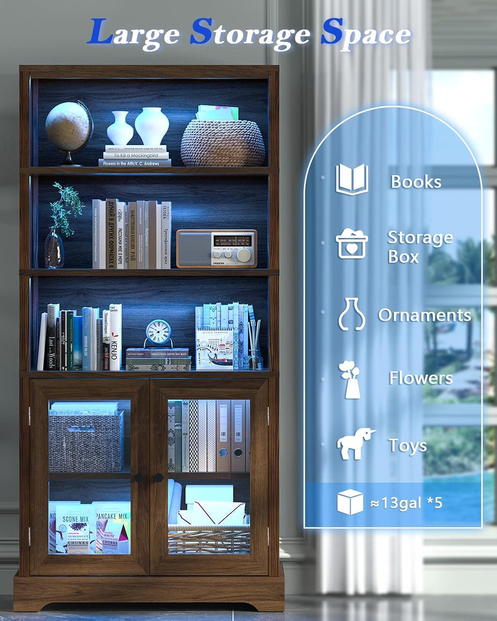 TVU 5-Tier Bookshelf, 65" Bookshelf with Multi-Color Ambient Lights (APP Remote Control), Tall Display Shelf with Cabinet Doors, Suitable for Living Room, Bedroom, Study, Office, Rustic Brown