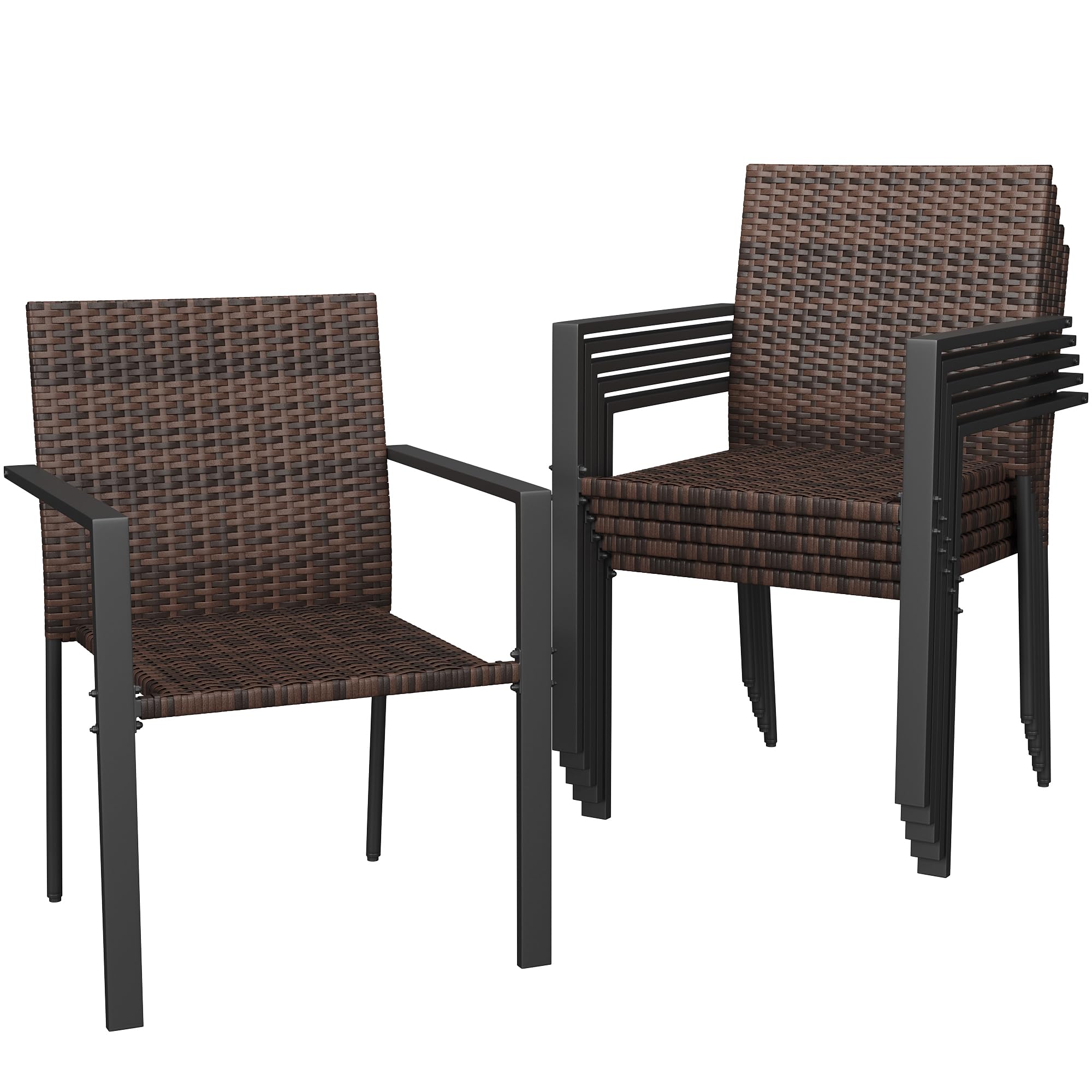 UDPATIO Stackable Patio Chairs Set of 4, Wicker Outdoor Chairs, All-Weather Rattan Dining Chairs with Deep Seat & Armrests, Steel Frame for Patio, Garden, Backyard, Deck, Lawn or Porch, Brown