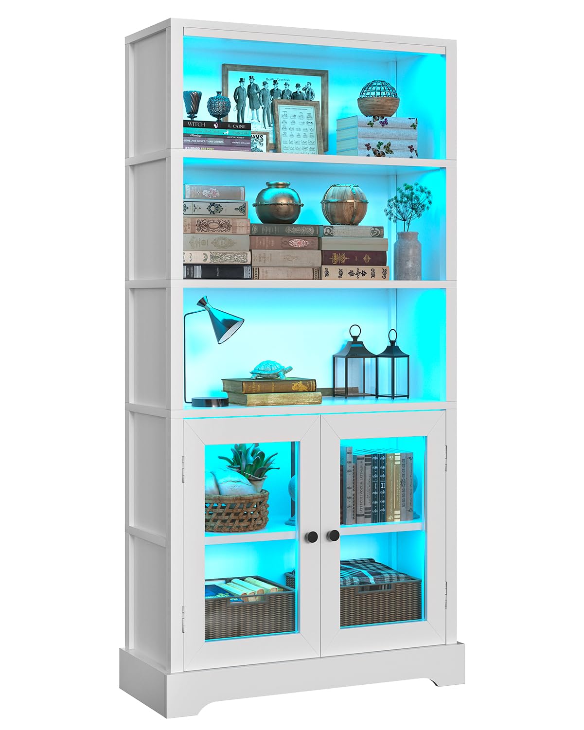 TVU 5-Tier Bookshelf, 65" Bookshelf with Multi-Color Ambient Lights (APP Remote Control), Tall Display Shelf with Cabinet Doors, Suitable for Living Room, Bedroom, Study, Office, Rustic Brown