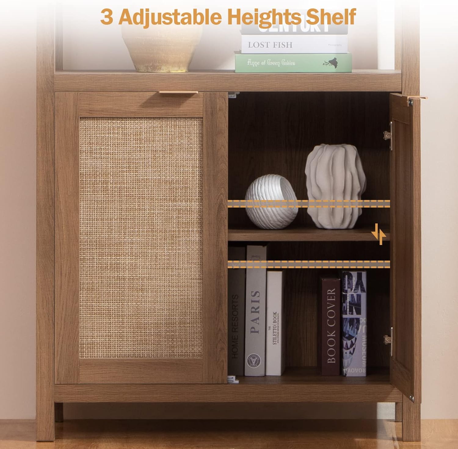 SICOTAS Bookshelf 5 Tier Book Shelf Rattan Boho 71" Tall Bookcase with Doors Storage Shelves Large Bookshelves Farmhouse Bookcases Library Book Case for Living Room Bedroom Home Office Kitchen | Book Shelf
