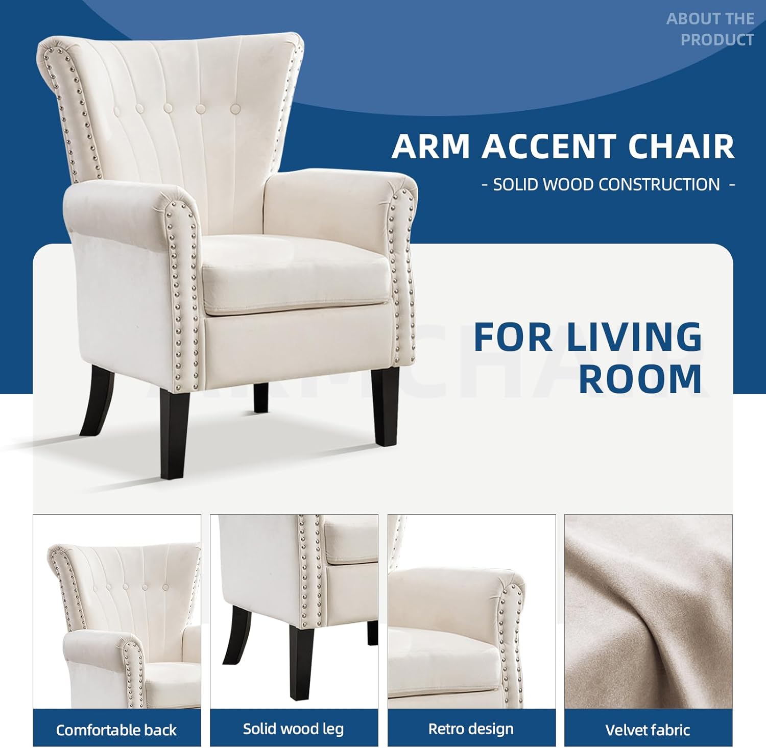Velvet Accent Chair Upholstered Tufted Armchair,Modern Wingback Chair Single Sofa Club Chair with Solid Wood Legs,Nail Trimed,Comfy Reading Chair for Living Room,Bedroom,Office (White)