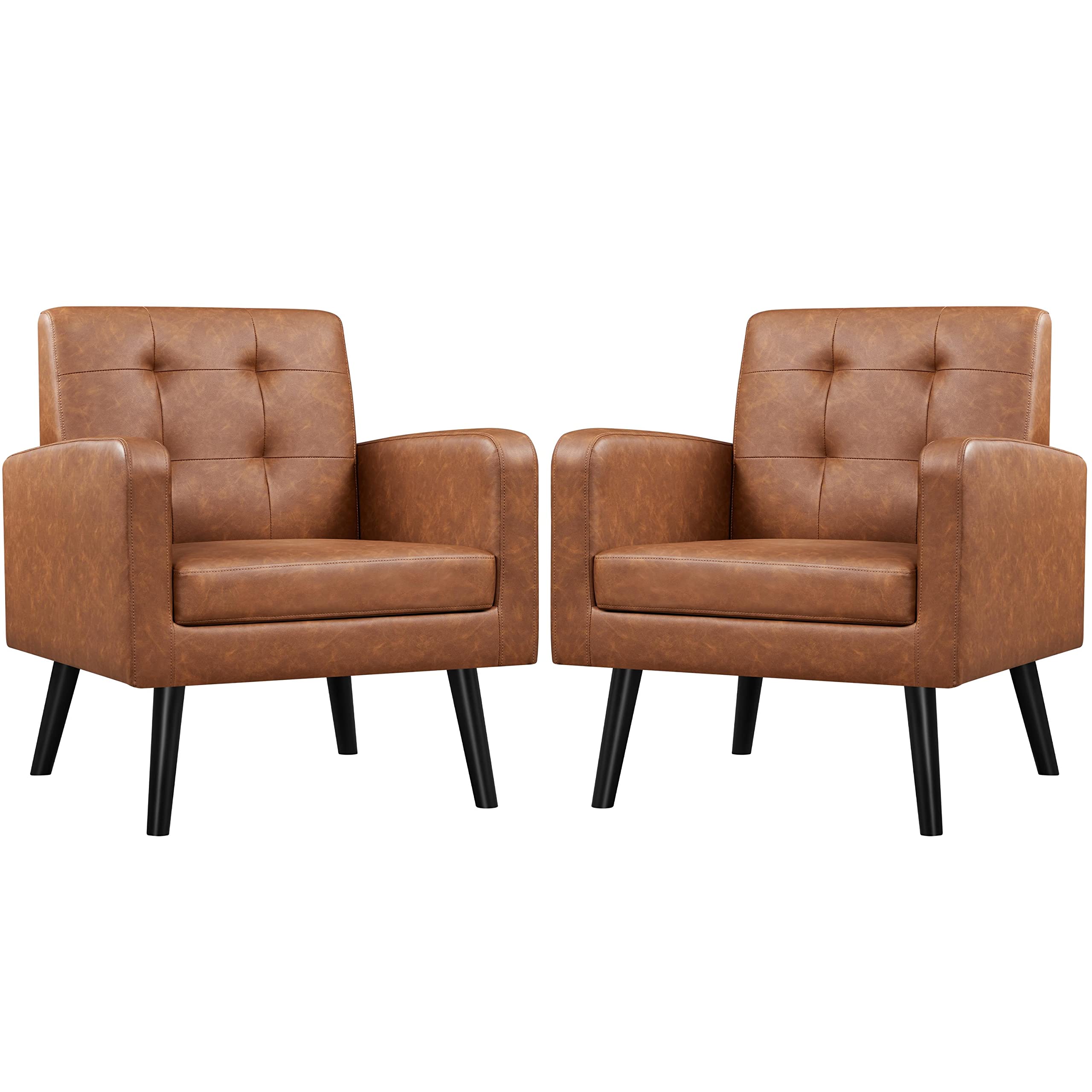 Yaheetech Mid-Century Accent Chairs, Modern Upholstered Living Room Chair, Cozy Armchair Button Tufted Back and Wood Legs for Bedroom/Office/Cafe, Yellow