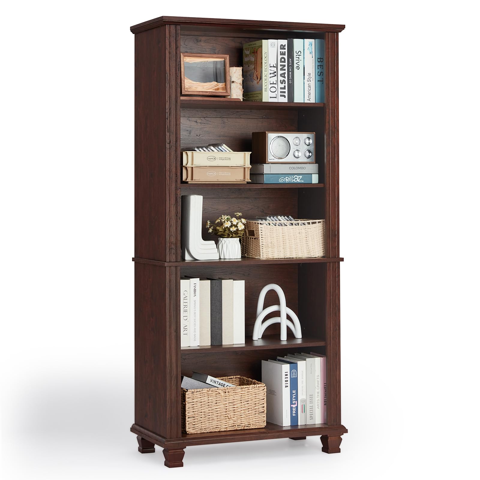 SAVOR LIFE 70" Tall Green Bookshelf,5 Tier Wooden Book Shelf with Adjustable Shelves & Wood Legs,Free Standing Farmhouse Bookcase with Open Display Storage,Vintage Bookshelves for Library,Classroom