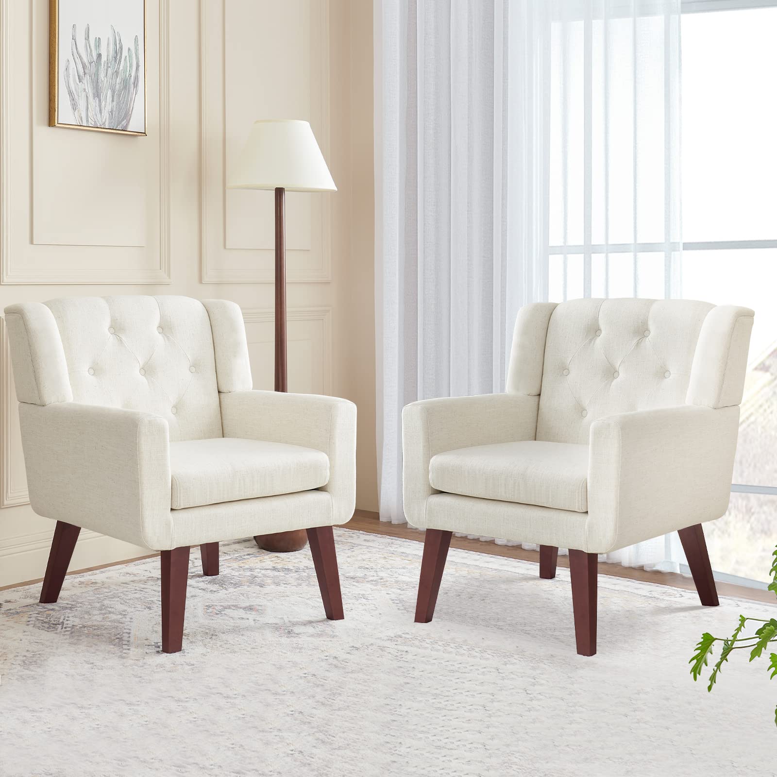 Accent Chair Button-Tufted Upholstered Living Room Chairs Comfy Reading Chair Mid Century Modern Chair with Linen Fabric Lounge Arm Chairs for Living Room Bedroom（Green）