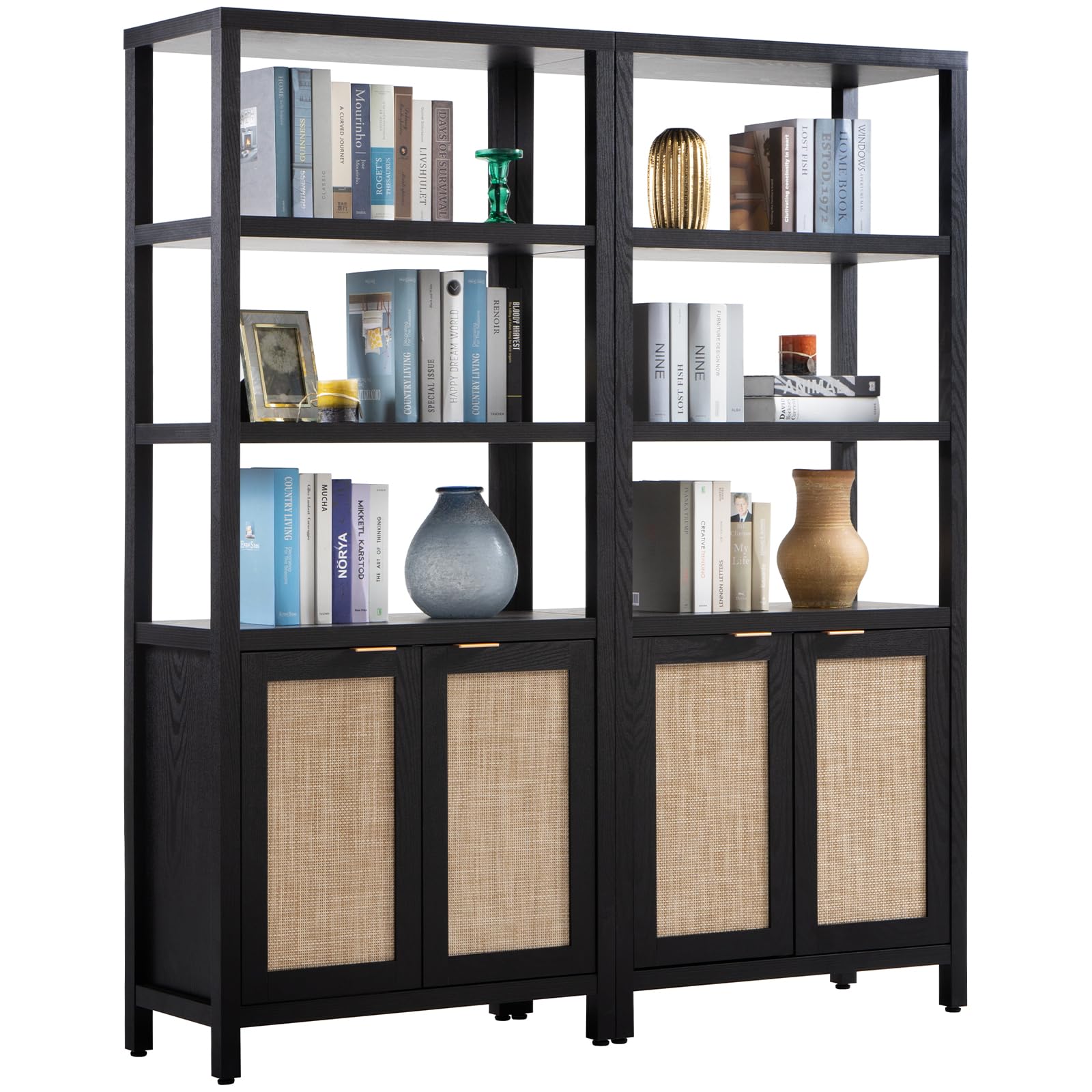 SICOTAS Bookshelf 5 Tier Book Shelf Rattan Boho 71" Tall Bookcase with Doors Storage Shelves Large Bookshelves Farmhouse Bookcases Library Book Case for Living Room Bedroom Home Office Kitchen | Book Shelf