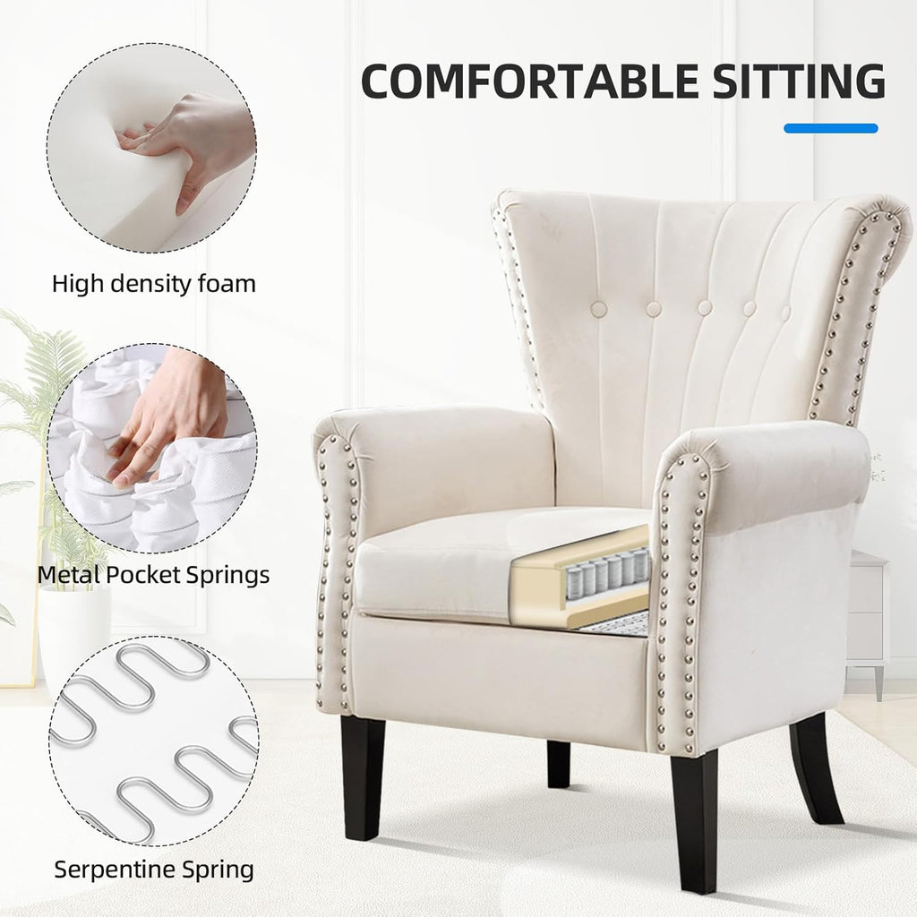 Velvet Accent Chair Upholstered Tufted Armchair,Modern Wingback Chair Single Sofa Club Chair with Solid Wood Legs,Nail Trimed,Comfy Reading Chair for Living Room,Bedroom,Office (White)