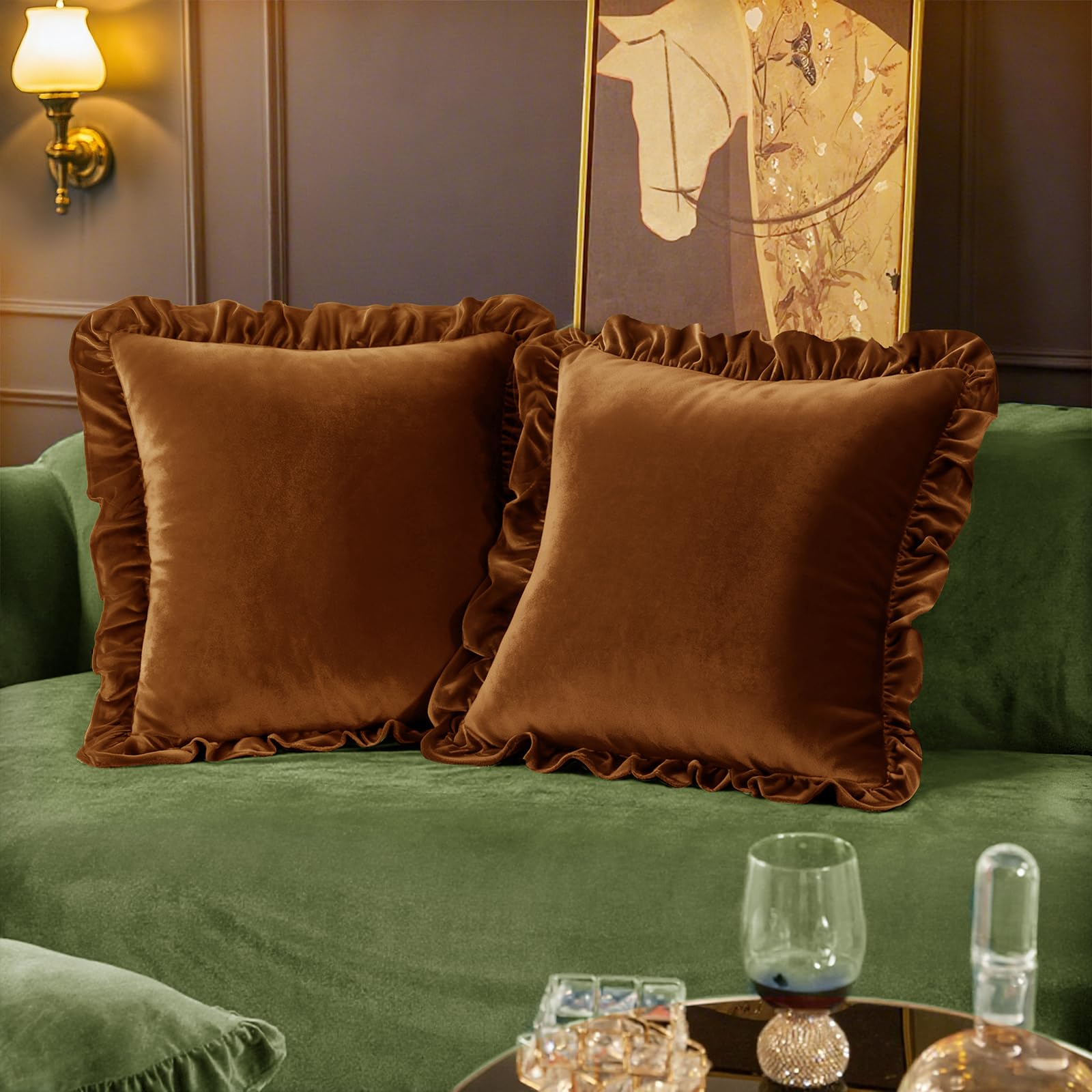 Velvet Throw Pillow Covers Set of 2, Soft Decorative Ruffle Cushion Cases for Couch Sofa Bedroom, 18 x 18 Inches, Olive Green