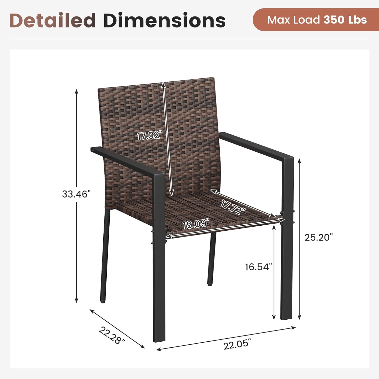 UDPATIO Stackable Patio Chairs Set of 2, Wicker Outdoor Chairs, All-Weather Rattan Dining Chairs with Deep Seat & Armrests, Steel Frame for Patio, Garden, Backyard, Deck, Lawn or Porch, Brown