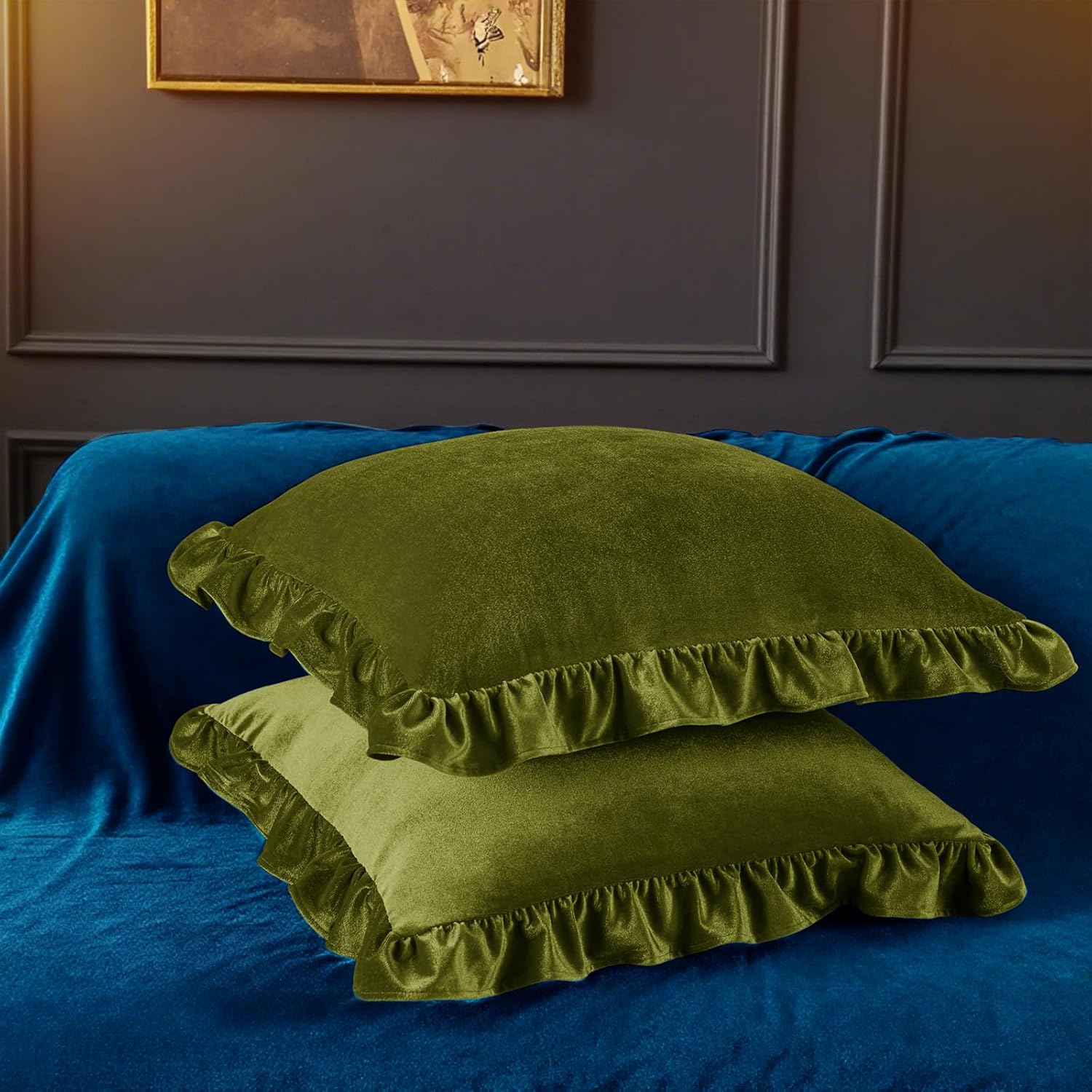 Velvet Throw Pillow Covers Set of 2, Soft Decorative Ruffle Cushion Cases for Couch Sofa Bedroom, 18 x 18 Inches, Olive Green