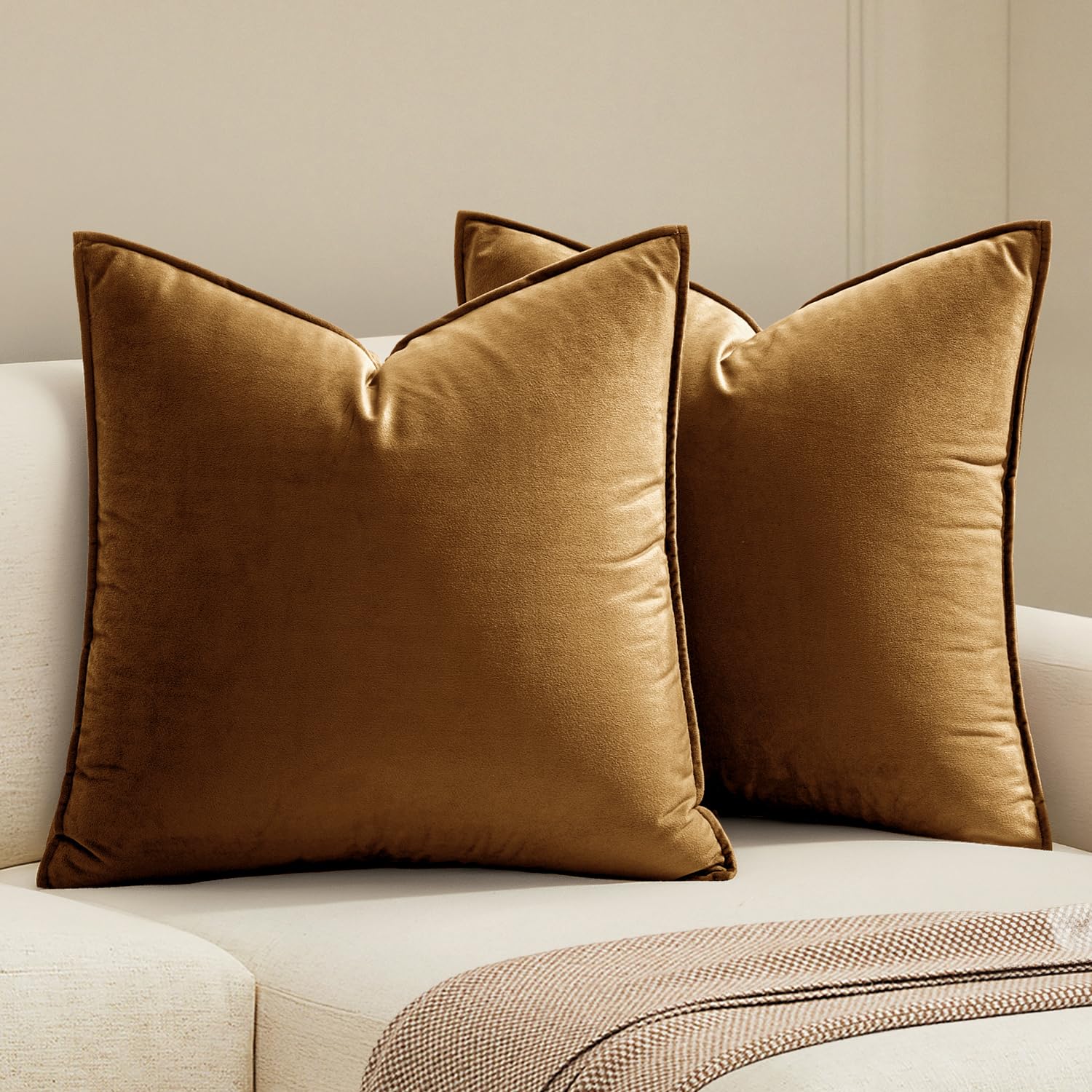 MIULEE Dark Coffee Velvet Throw Pillow Covers 24x24 Taupe Neutral Soft Decorative Solid Square Euro Sham Cushion Cases Pack of 2 Modern Luxury Home Decor for Couch, Sofa, Bedroom