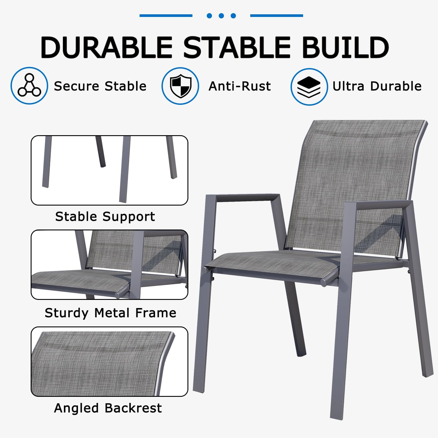 Outdoor Dining Chairs Set of 4, High-Back Stackable Patio Chairs with Metal Frame, Lightweight Sling Design, Ideal for Garden, Deck, Poolside, Grey