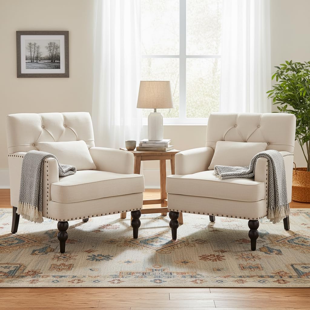 HUIMO Tufted Club Chair,Accent Chair with Lumbar Pillow, Upholstered Button Armchair, Linen Fabric Sofa Chairs for Bedroom, Living Room, Mid Century Modern with Studded Reading Chair Light Blue