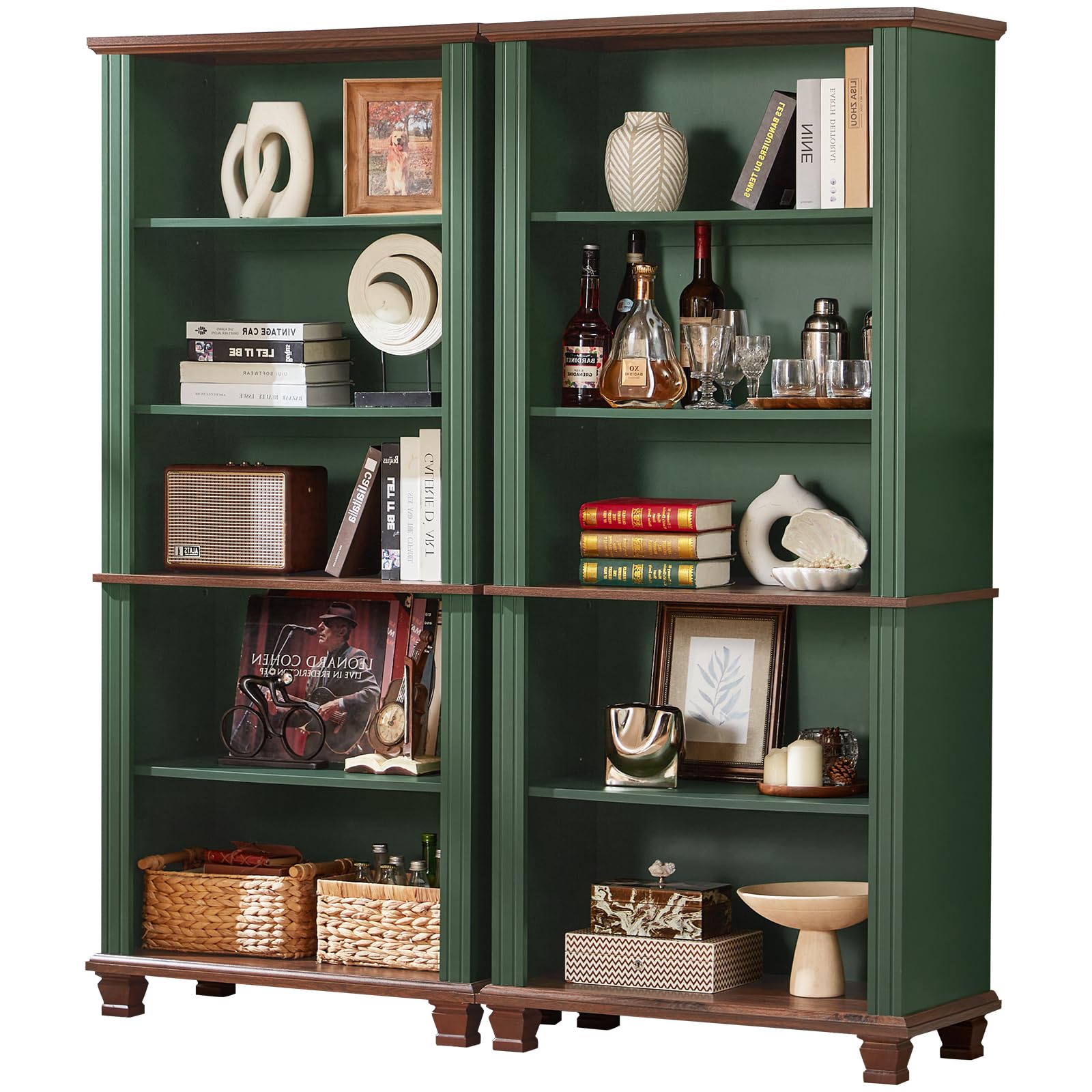 SAVOR LIFE 70" Tall Green Bookshelf,5 Tier Wooden Book Shelf with Adjustable Shelves & Wood Legs,Free Standing Farmhouse Bookcase with Open Display Storage,Vintage Bookshelves for Library,Classroom