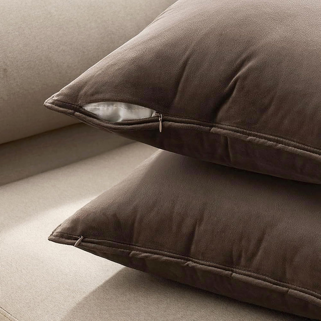 MIULEE Dark Coffee Velvet Throw Pillow Covers 24x24 Taupe Neutral Soft Decorative Solid Square Euro Sham Cushion Cases Pack of 2 Modern Luxury Home Decor for Couch, Sofa, Bedroom