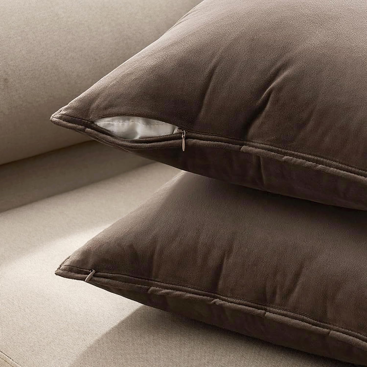 MIULEE Dark Coffee Velvet Throw Pillow Covers 24x24 Taupe Neutral Soft Decorative Solid Square Euro Sham Cushion Cases Pack of 2 Modern Luxury Home Decor for Couch, Sofa, Bedroom