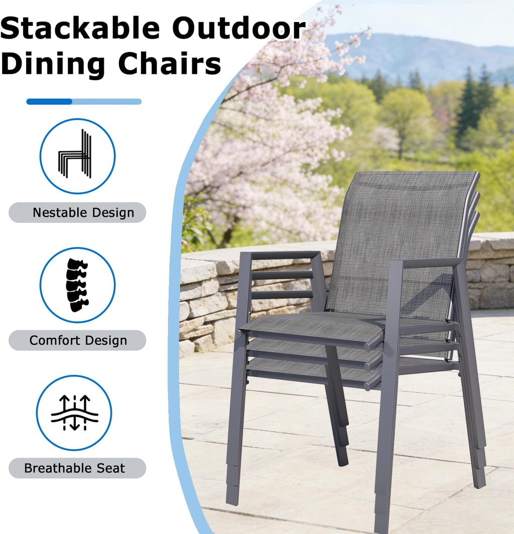 Outdoor Dining Chairs Set of 4, High-Back Stackable Patio Chairs with Metal Frame, Lightweight Sling Design, Ideal for Garden, Deck, Poolside, Grey
