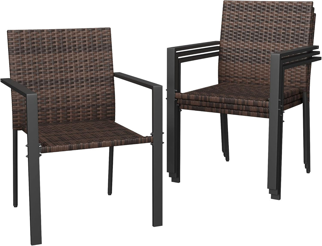 UDPATIO Stackable Patio Chairs Set of 4, Wicker Outdoor Chairs, All-Weather Rattan Dining Chairs with Deep Seat & Armrests, Steel Frame for Patio, Garden, Backyard, Deck, Lawn or Porch, Brown