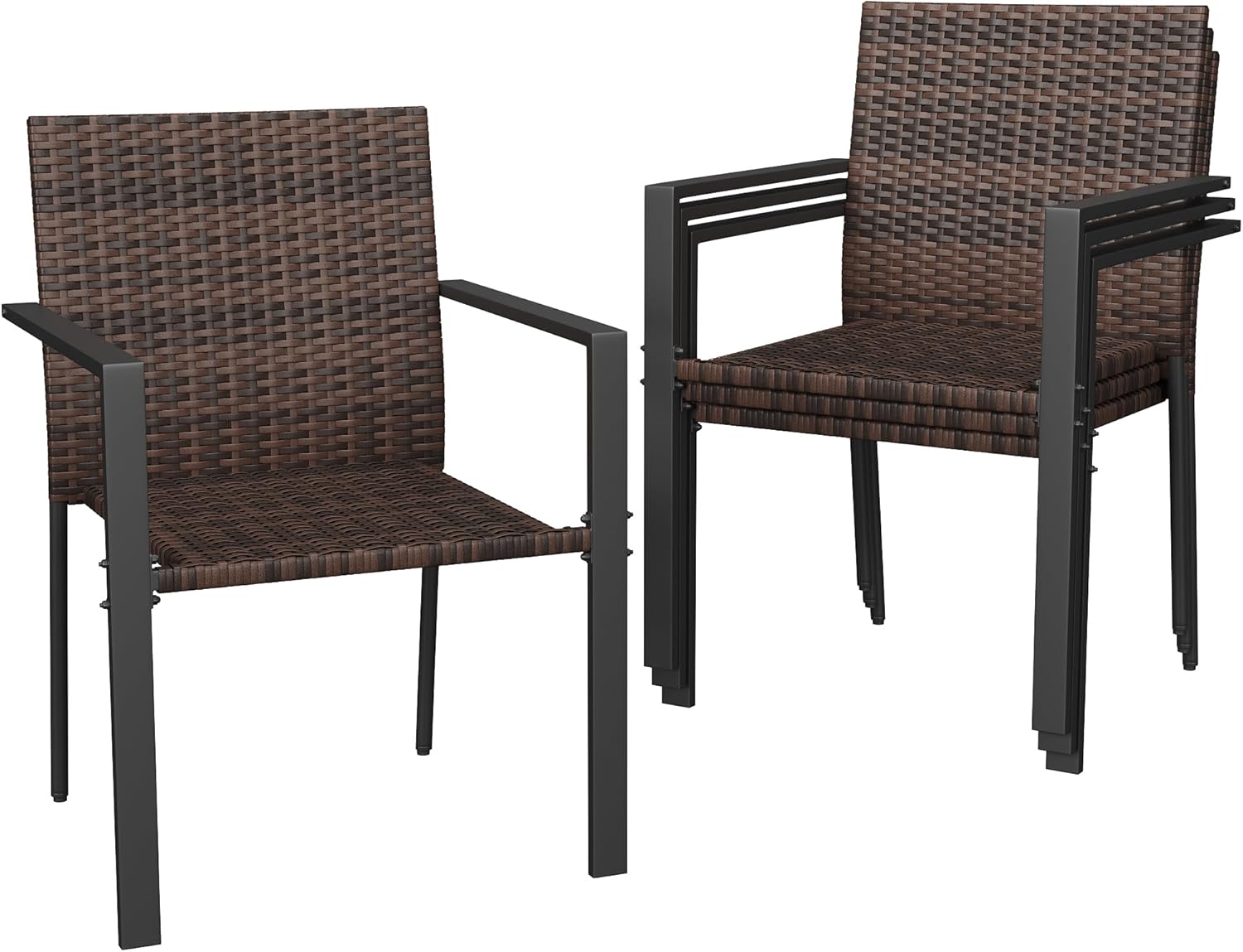 UDPATIO Stackable Patio Chairs Set of 4, Wicker Outdoor Chairs, All-Weather Rattan Dining Chairs with Deep Seat & Armrests, Steel Frame for Patio, Garden, Backyard, Deck, Lawn or Porch, Brown