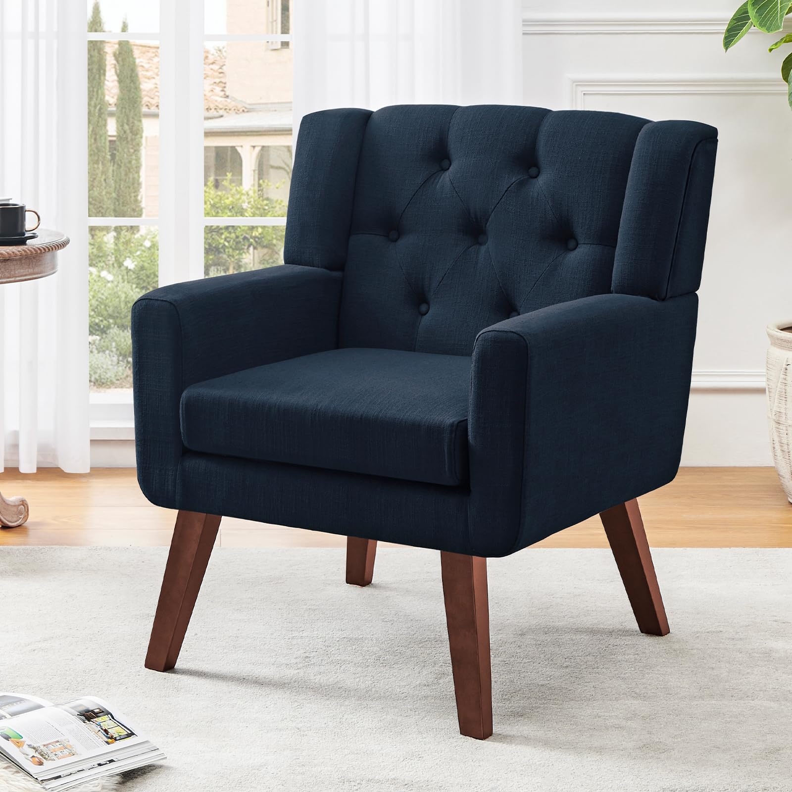 Accent Chair Button-Tufted Upholstered Living Room Chairs Comfy Reading Chair Mid Century Modern Chair with Linen Fabric Lounge Arm Chairs for Living Room Bedroom（Green）