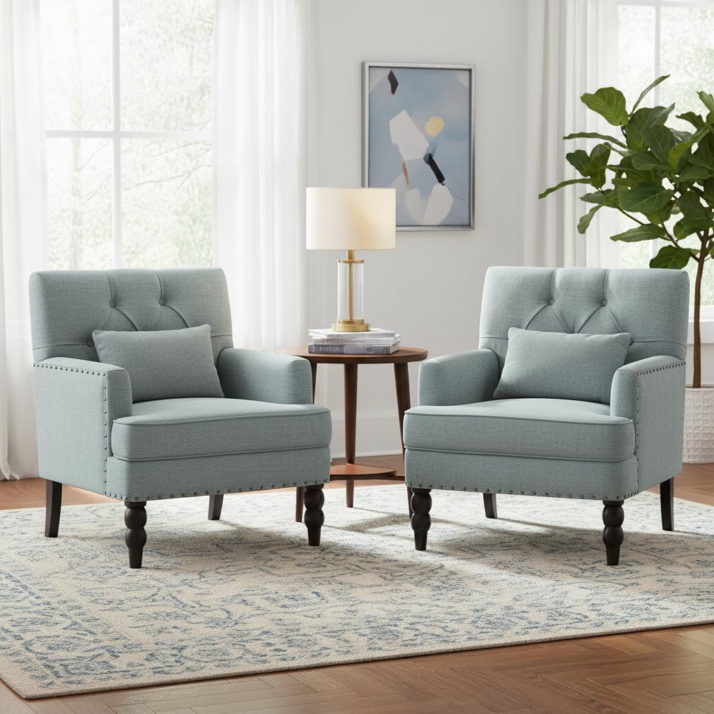 HUIMO Tufted Club Chair,Accent Chair with Lumbar Pillow, Upholstered Button Armchair, Linen Fabric Sofa Chairs for Bedroom, Living Room, Mid Century Modern with Studded Reading Chair Light Blue