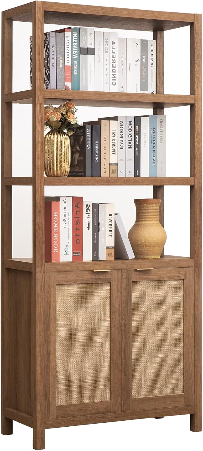 SICOTAS Bookshelf 5 Tier Book Shelf Rattan Boho 71" Tall Bookcase with Doors Storage Shelves Large Bookshelves Farmhouse Bookcases Library Book Case for Living Room Bedroom Home Office Kitchen | Book Shelf