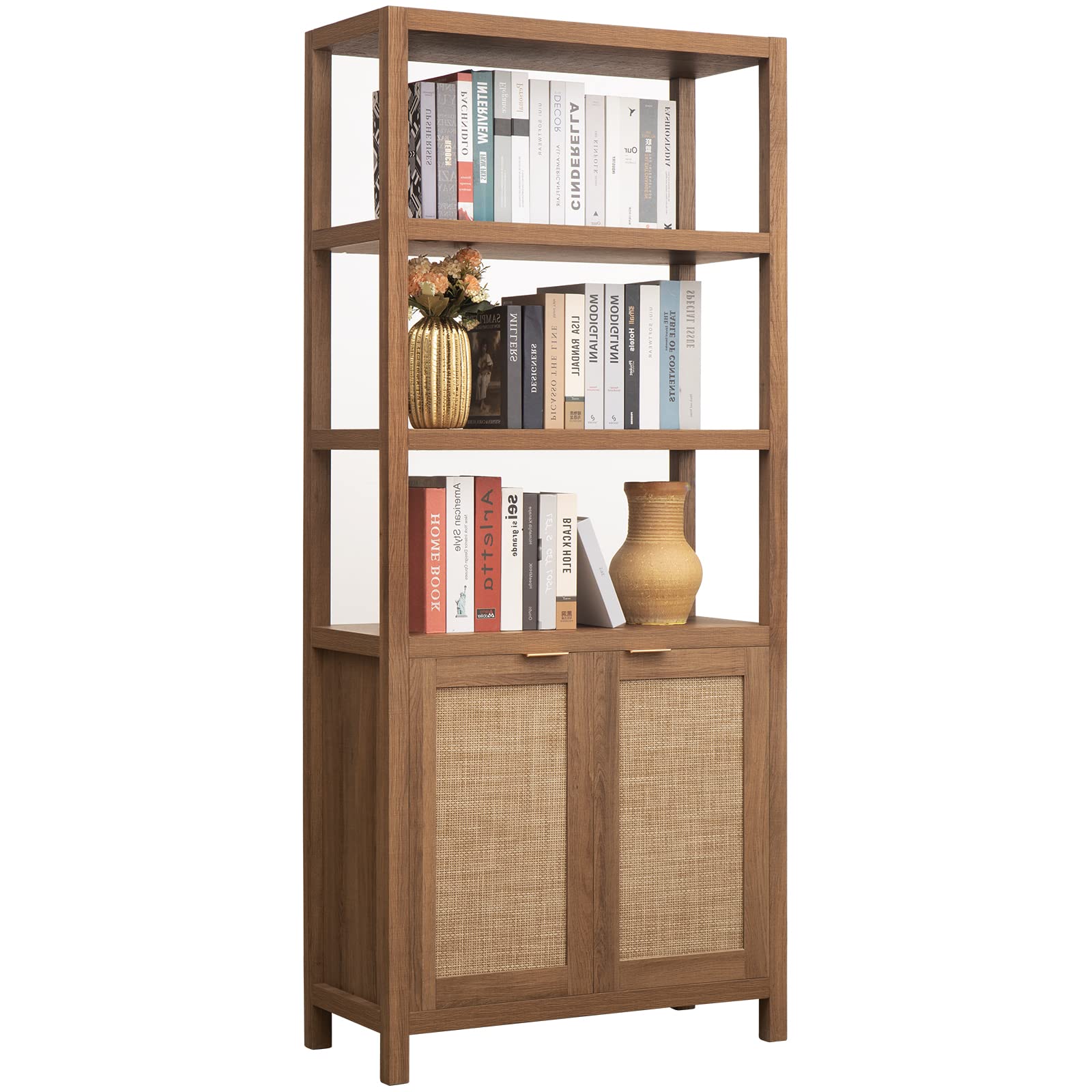 SICOTAS Bookshelf 5 Tier Book Shelf Rattan Boho 71" Tall Bookcase with Doors Storage Shelves Large Bookshelves Farmhouse Bookcases Library Book Case for Living Room Bedroom Home Office Kitchen | Book Shelf