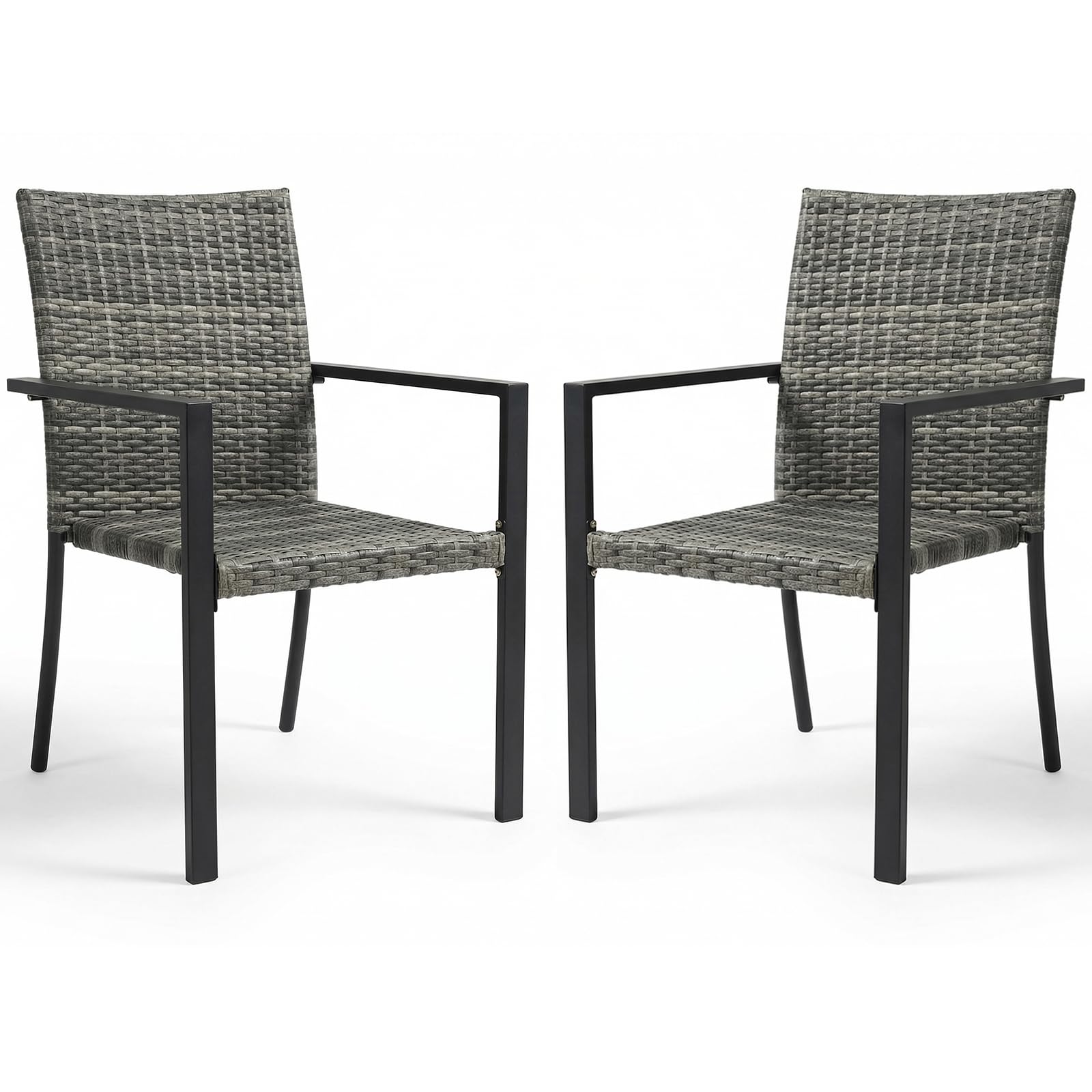 SWITTE Stackable Patio Chairs Set of 2, Outdoor Wicker Dining Chairs with Armrests & Steel Frame, All-Weather Space-Saving for Balcony, Garden, Poolside or Fire Pit Area - Brown