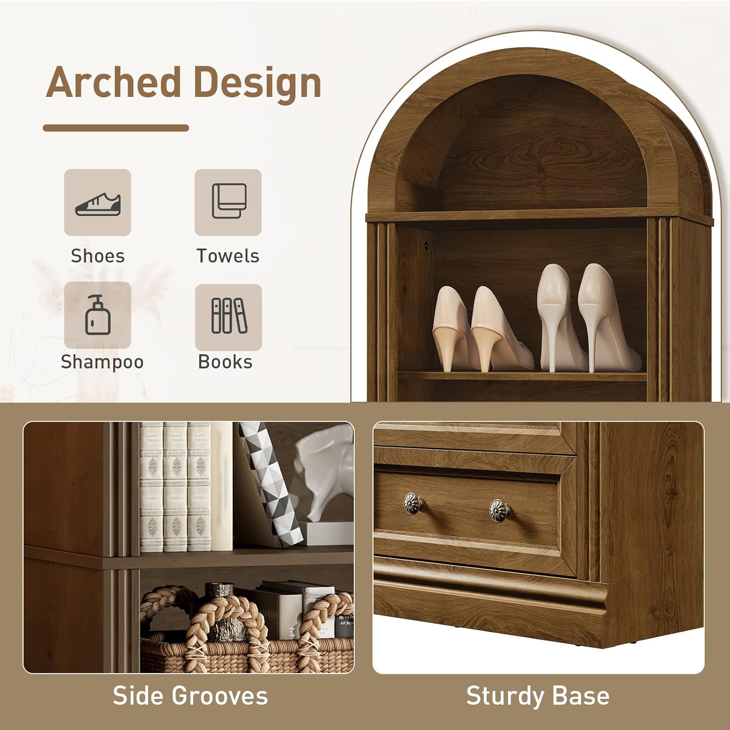 RALGEND Tall Narrow Bookshelf, Arched Bookshelf with 2 Drawers, 7-Tier Farmhouse Arch Bookcase, Wooden Book Shelf with Open Display Shelves for Office, Living Room, Kitchen, Walnut