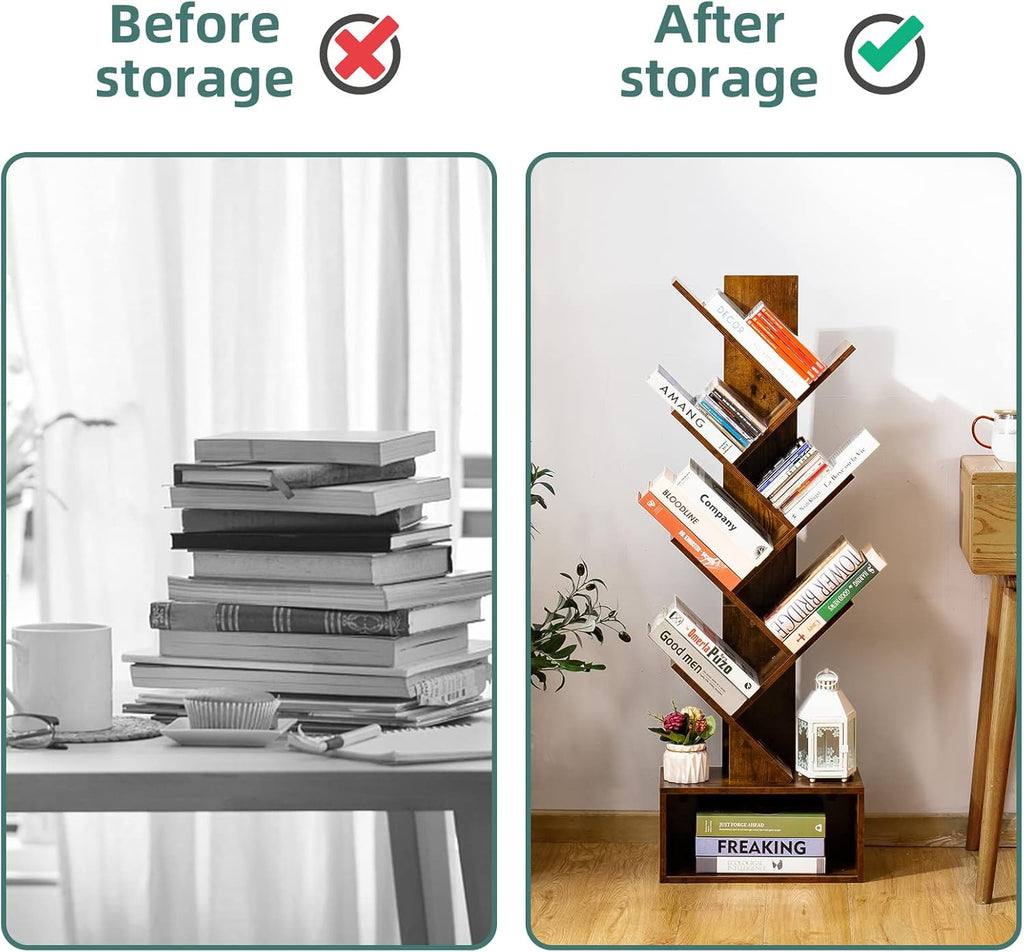 Yoobure Tree Bookshelf - 6 Shelf Retro Floor Standing Bookcase, Tall Wood Book Storage Rack for CDs/Movies/Books, Utility Book Organizer Shelves for Bedroom, Living Room, Home Office, Rustic Brown
