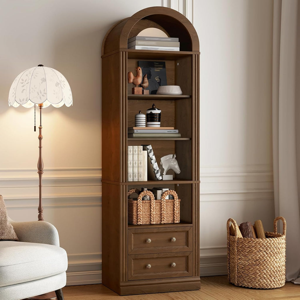 RALGEND Tall Narrow Bookshelf, Arched Bookshelf with 2 Drawers, 7-Tier Farmhouse Arch Bookcase, Wooden Book Shelf with Open Display Shelves for Office, Living Room, Kitchen, Walnut