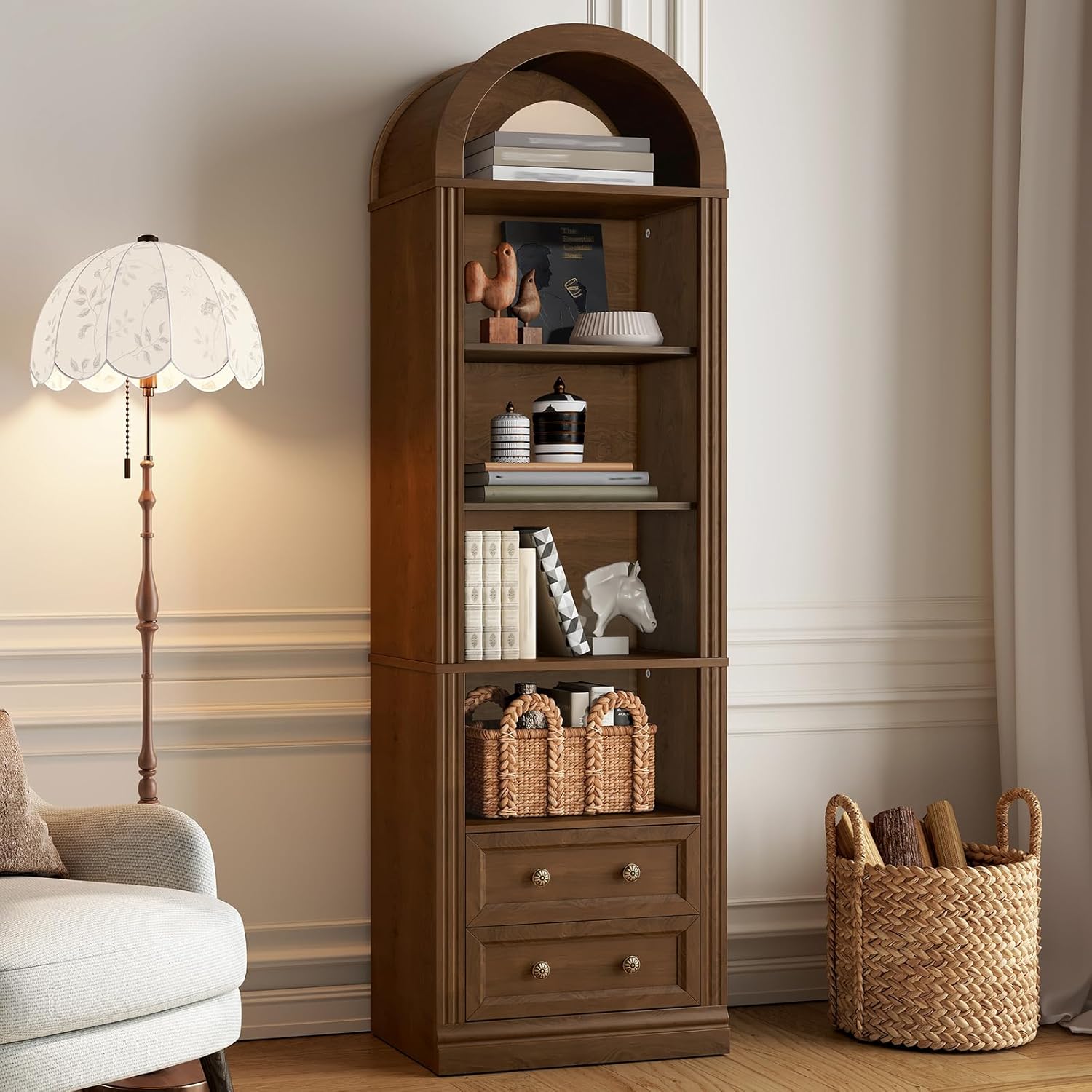 RALGEND Tall Narrow Bookshelf, Arched Bookshelf with 2 Drawers, 7-Tier Farmhouse Arch Bookcase, Wooden Book Shelf with Open Display Shelves for Office, Living Room, Kitchen, Walnut