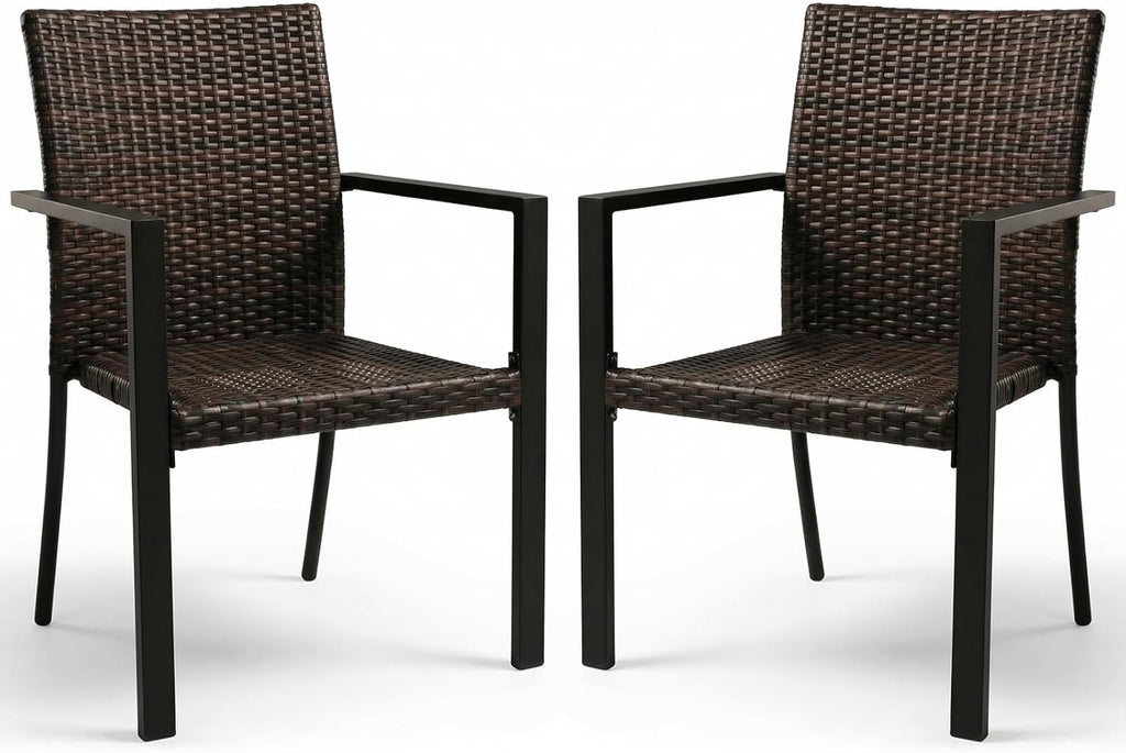 SWITTE Stackable Patio Chairs Set of 2, Outdoor Wicker Dining Chairs with Armrests & Steel Frame, All-Weather Space-Saving for Balcony, Garden, Poolside or Fire Pit Area - Brown
