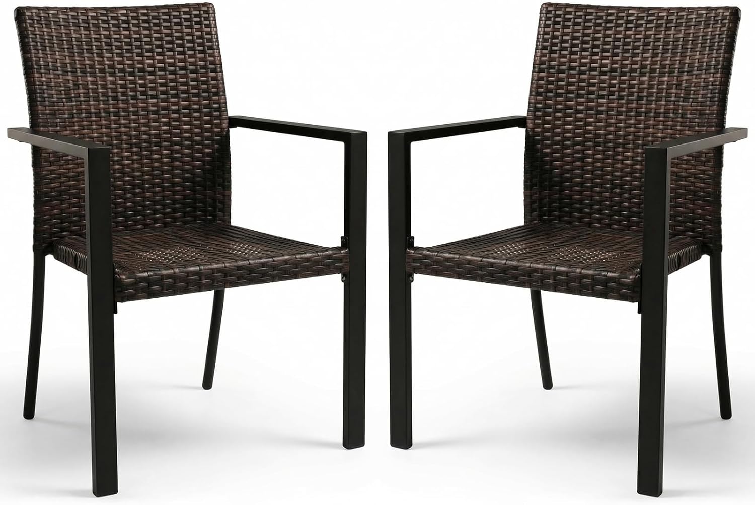 SWITTE Stackable Patio Chairs Set of 2, Outdoor Wicker Dining Chairs with Armrests & Steel Frame, All-Weather Space-Saving for Balcony, Garden, Poolside or Fire Pit Area - Brown
