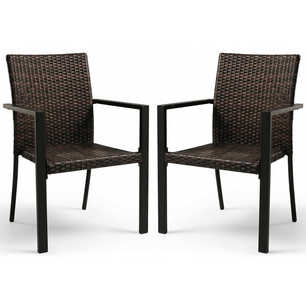 SWITTE Stackable Patio Chairs Set of 2, Outdoor Wicker Dining Chairs with Armrests & Steel Frame, All-Weather Space-Saving for Balcony, Garden, Poolside or Fire Pit Area - Brown