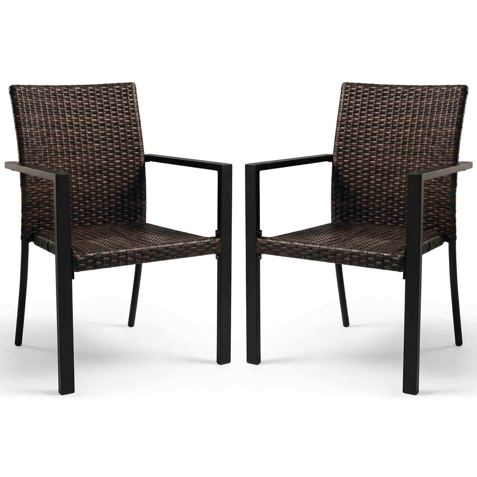 SWITTE Stackable Patio Chairs Set of 2, Outdoor Wicker Dining Chairs with Armrests & Steel Frame, All-Weather Space-Saving for Balcony, Garden, Poolside or Fire Pit Area - Brown