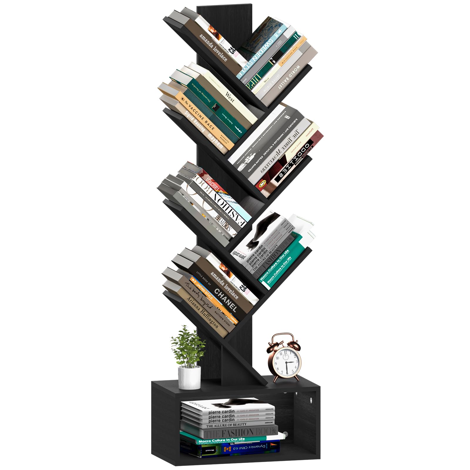 Yoobure Tree Bookshelf - 6 Shelf Retro Floor Standing Bookcase, Tall Wood Book Storage Rack for CDs/Movies/Books, Utility Book Organizer Shelves for Bedroom, Living Room, Home Office, Rustic Brown