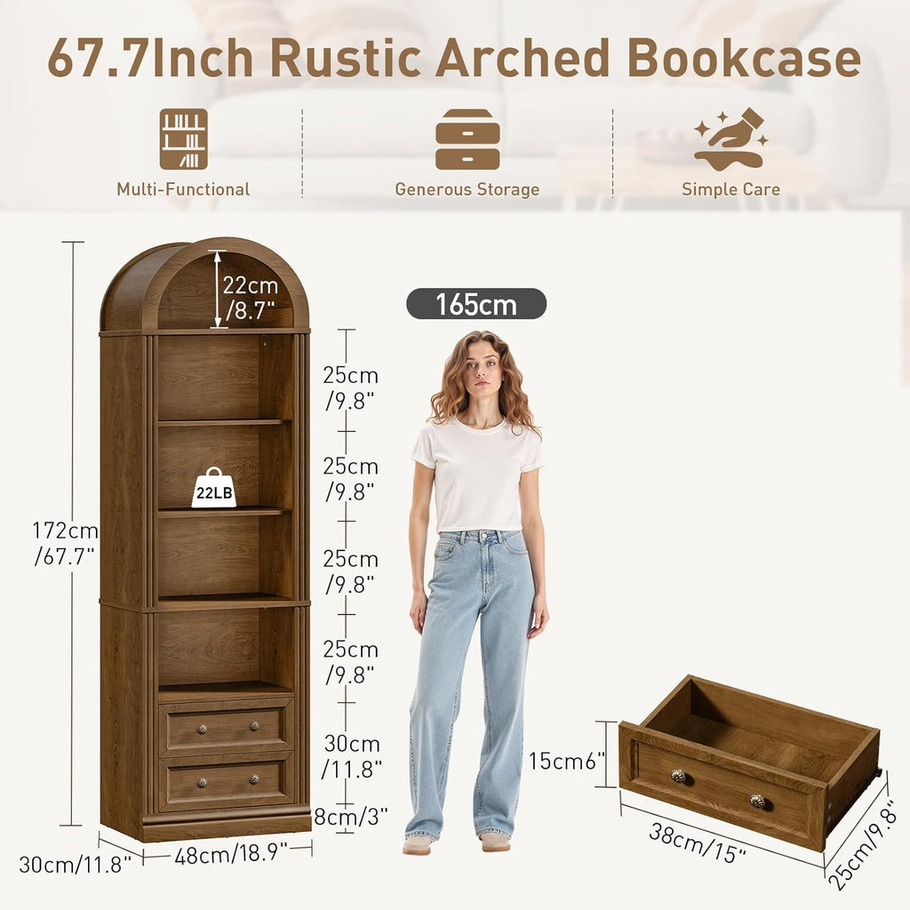 RALGEND Tall Narrow Bookshelf, Arched Bookshelf with 2 Drawers, 7-Tier Farmhouse Arch Bookcase, Wooden Book Shelf with Open Display Shelves for Office, Living Room, Kitchen, Walnut