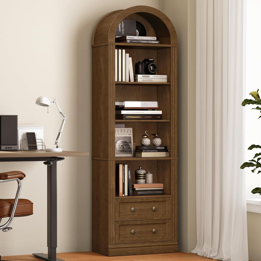 RALGEND Tall Narrow Bookshelf, Arched Bookshelf with 2 Drawers, 7-Tier Farmhouse Arch Bookcase, Wooden Book Shelf with Open Display Shelves for Office, Living Room, Kitchen, Walnut