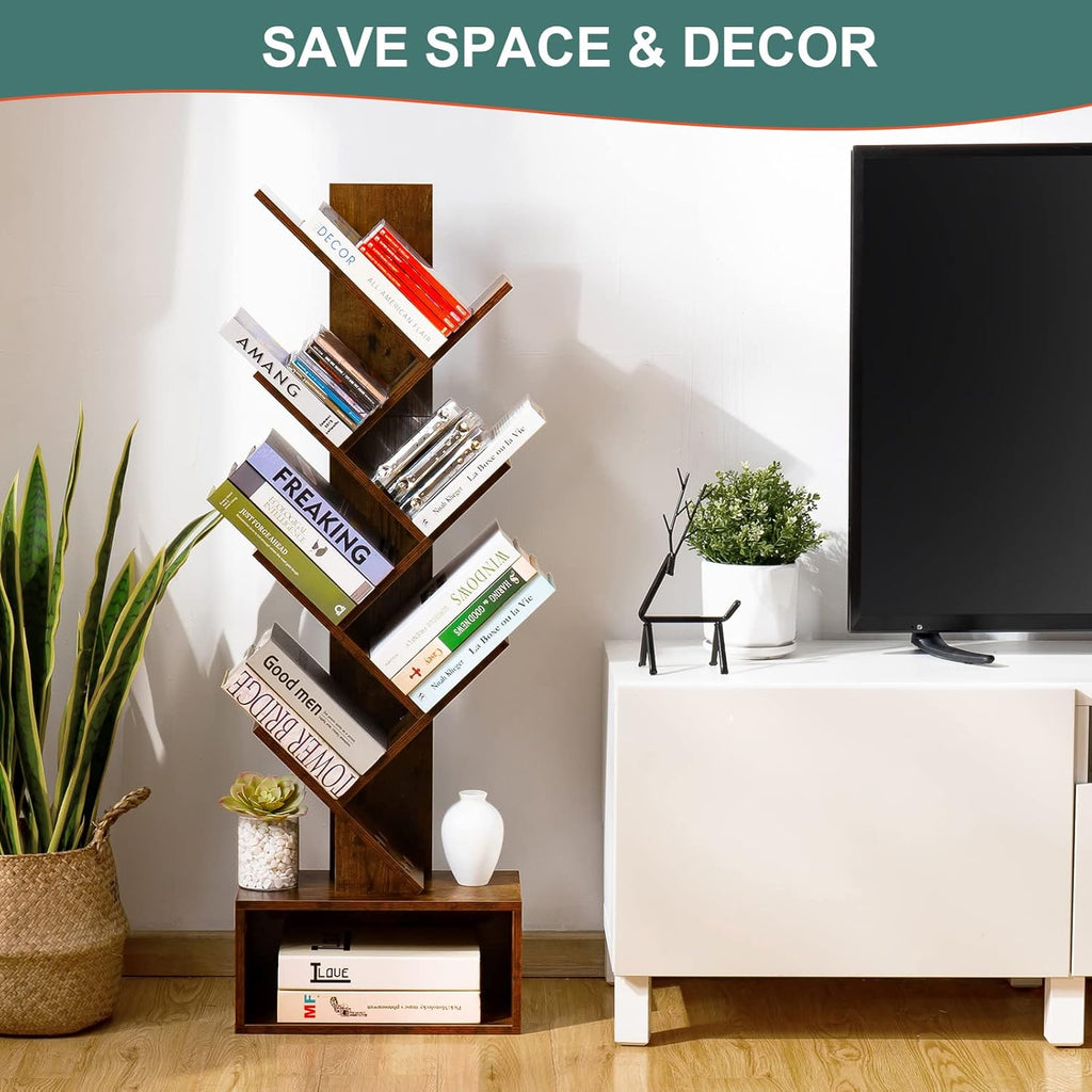 Yoobure Tree Bookshelf - 6 Shelf Retro Floor Standing Bookcase, Tall Wood Book Storage Rack for CDs/Movies/Books, Utility Book Organizer Shelves for Bedroom, Living Room, Home Office, Rustic Brown